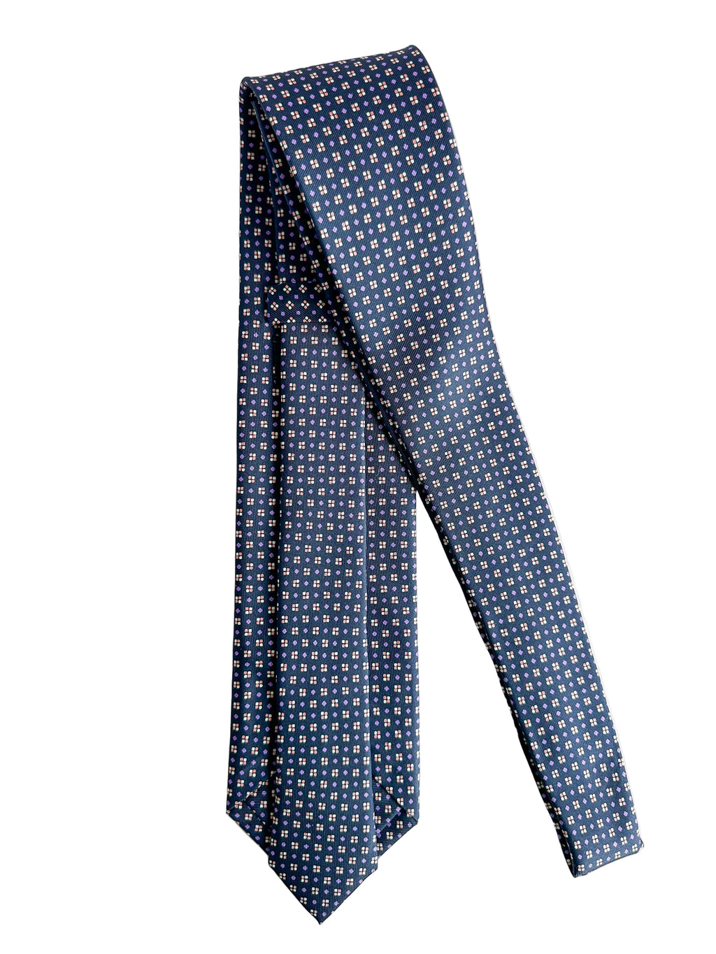 Drake's Navy Silk Tie With Purple Diamond Dot Print