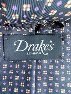 Drake's Navy Silk Tie With Purple Diamond Dot Print