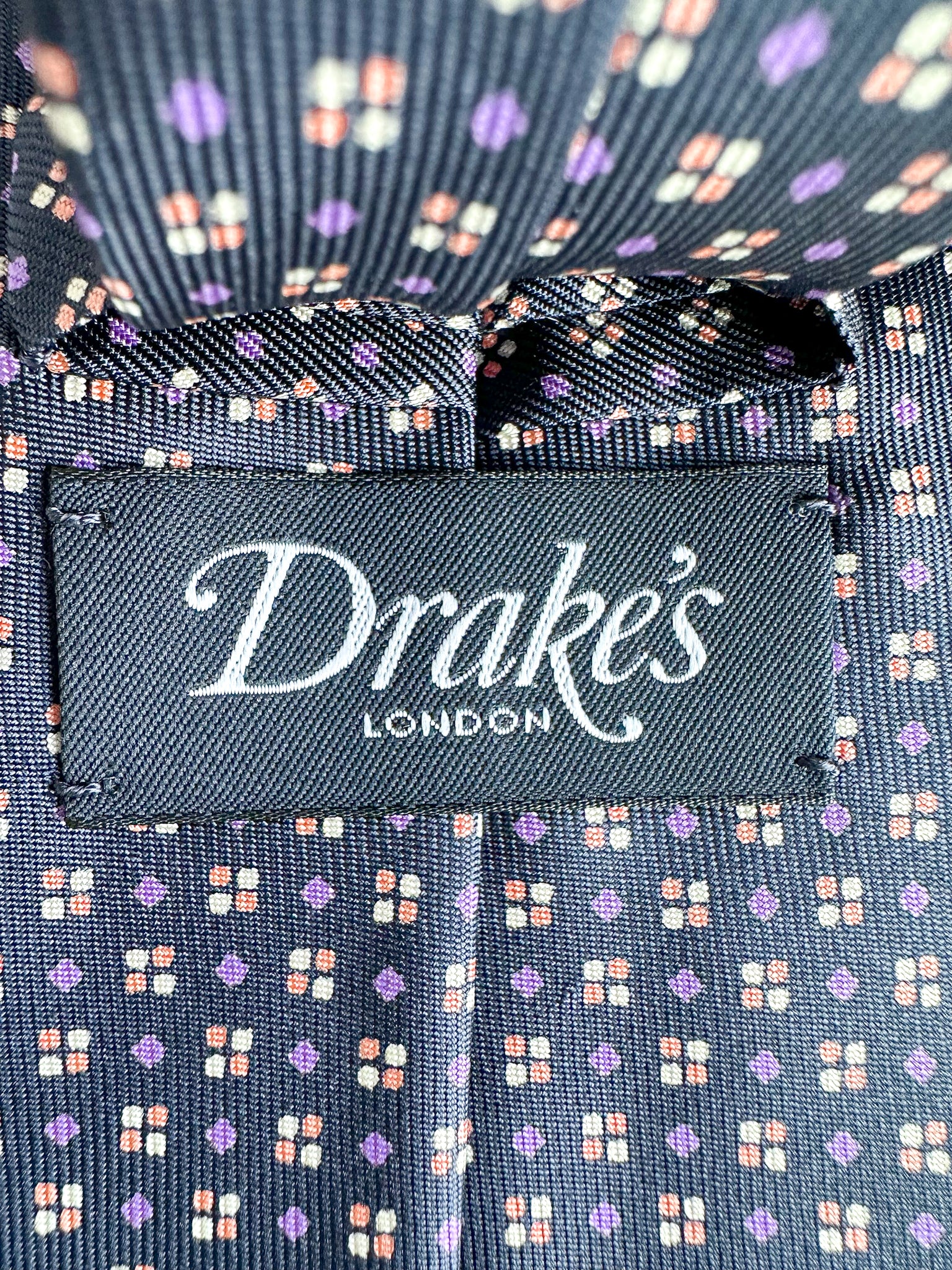Drake's Navy Silk Tie With Purple Diamond Dot Print
