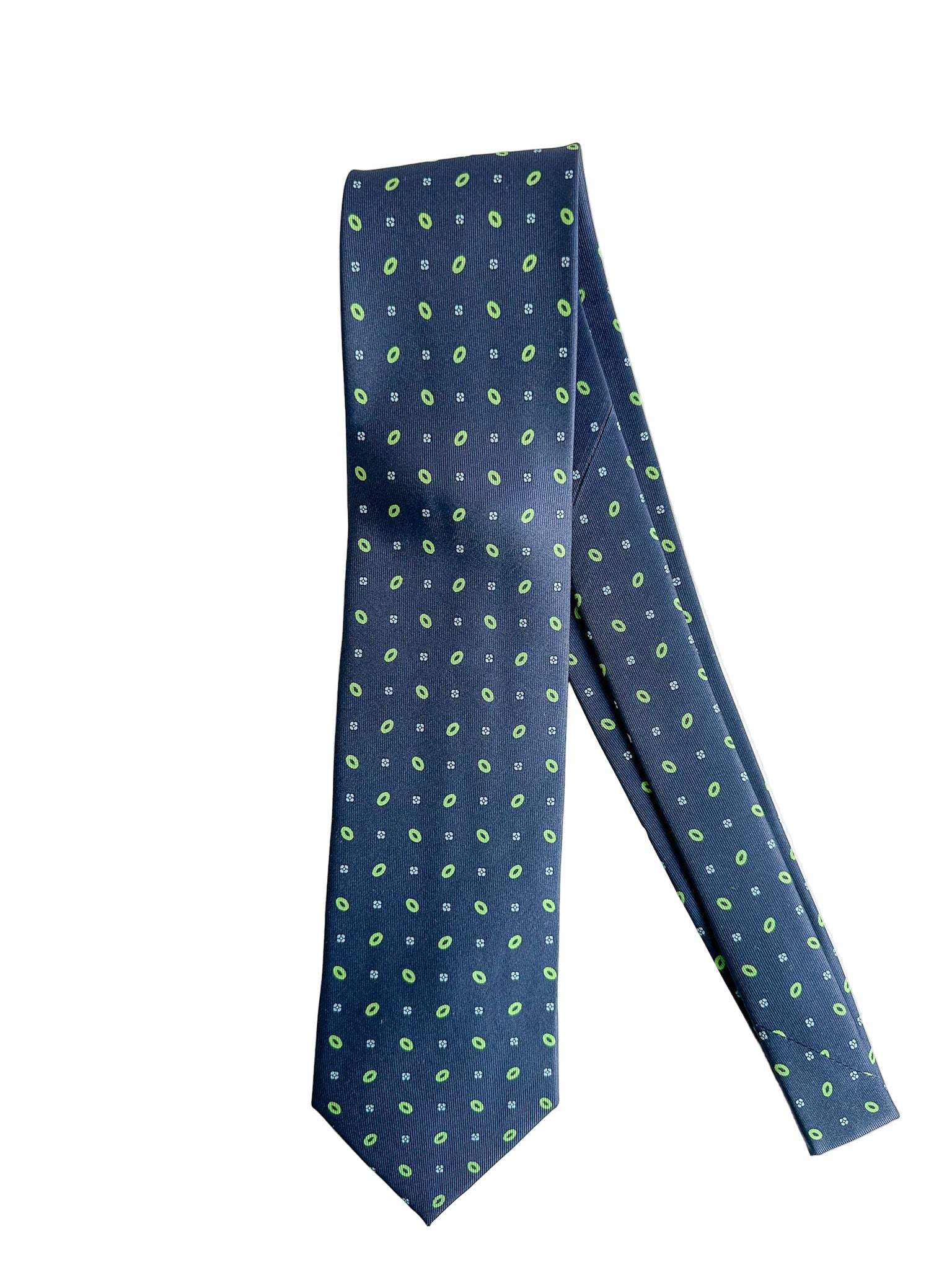 Drake's Navy Silk Tie Green Blue Floral Circle Print