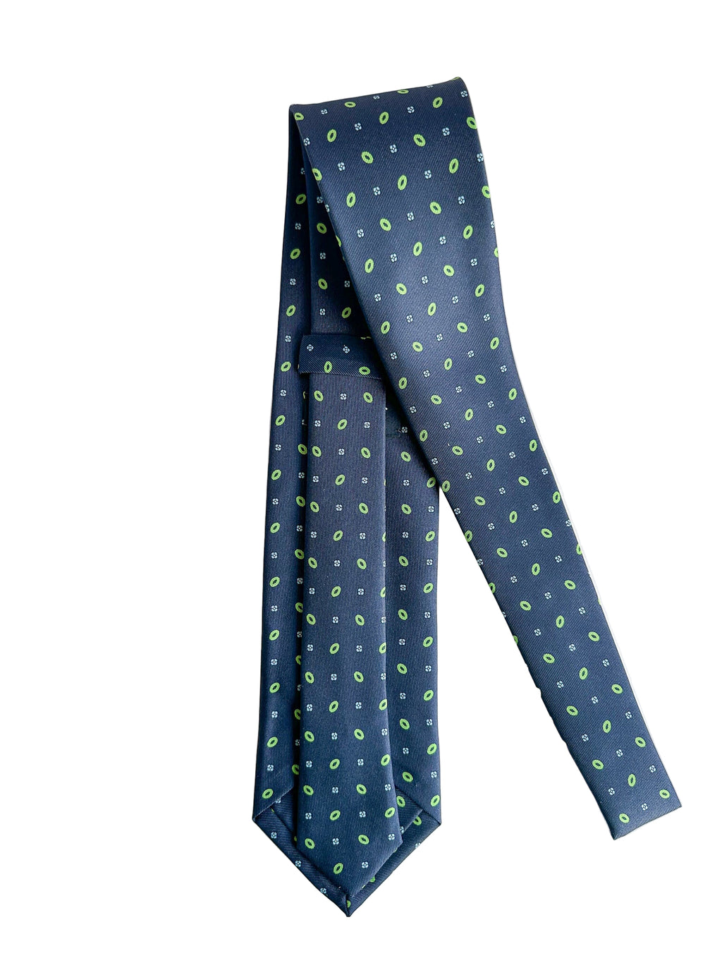 Drake's Marineblaue Seidenkrawatte mit grün-blauem Blumenkreis-Print