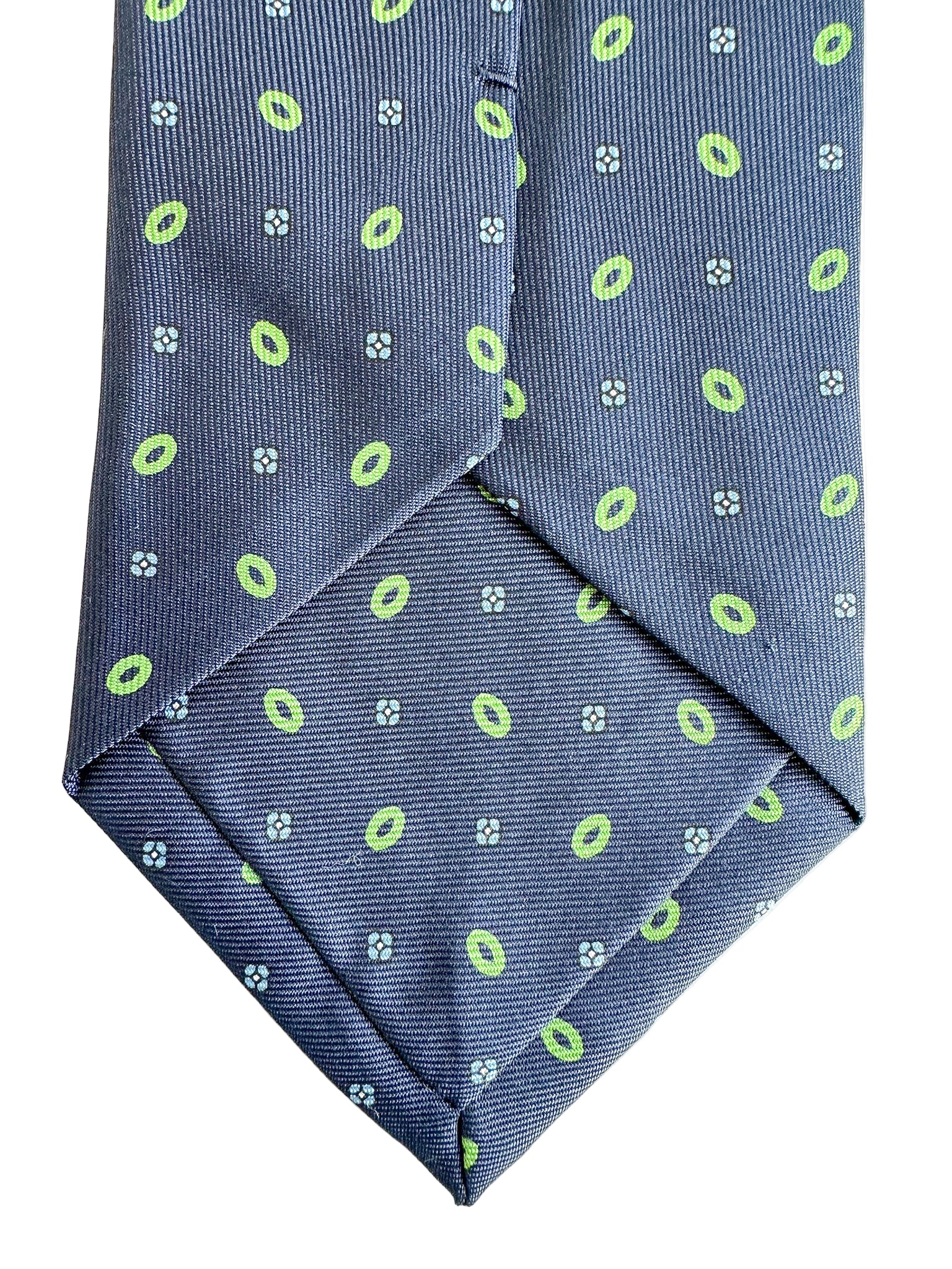 Drake's Navy Silk Tie Green Blue Floral Circle Print