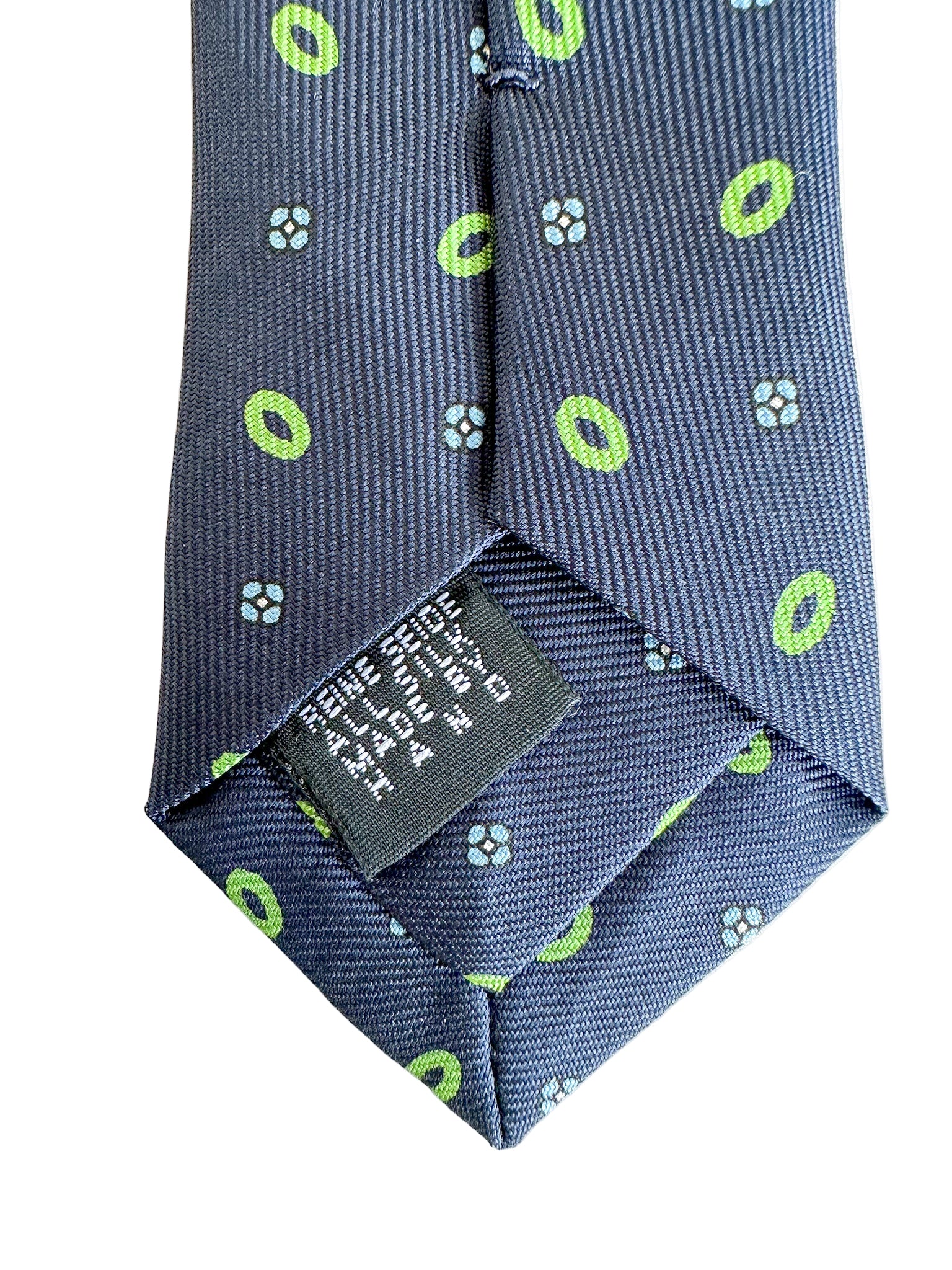 Drake's Marineblaue Seidenkrawatte mit grün-blauem Blumenkreis-Print