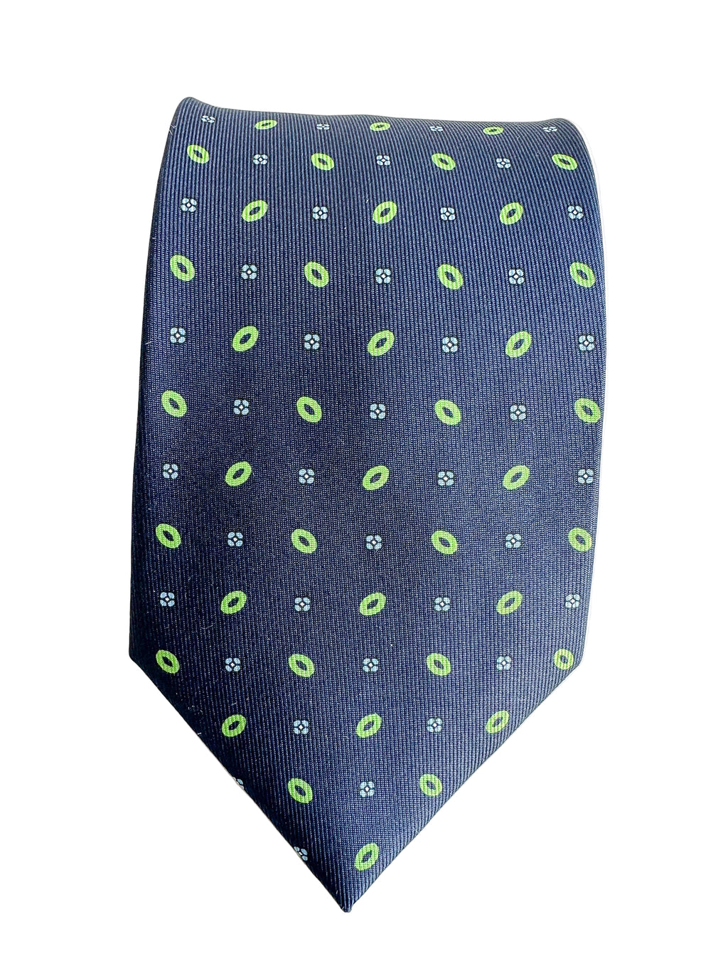 Drake's Marineblaue Seidenkrawatte mit grün-blauem Blumenkreis-Print