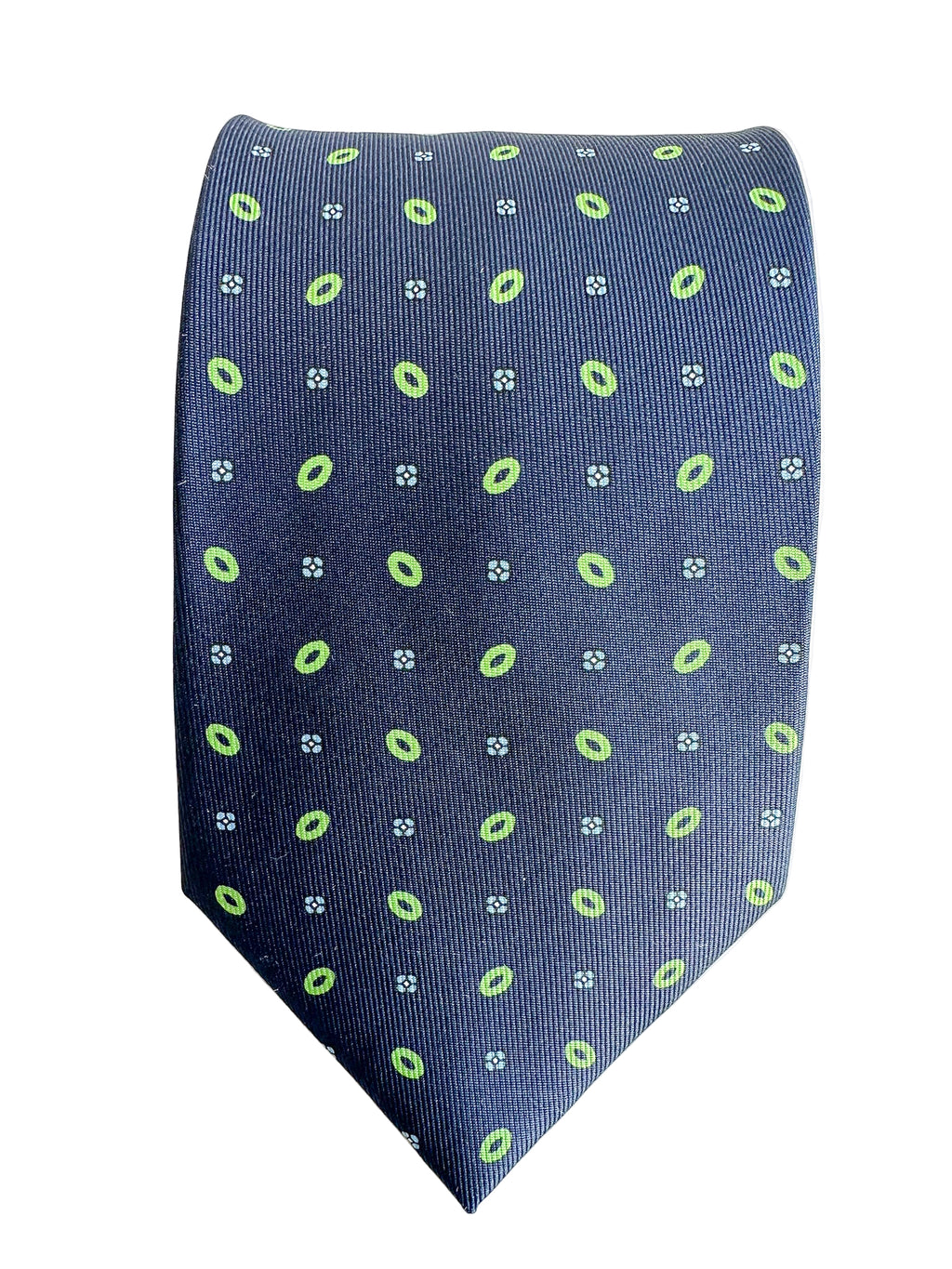 Drake's Navy Silk Tie With Green Blue Floral Circle Print