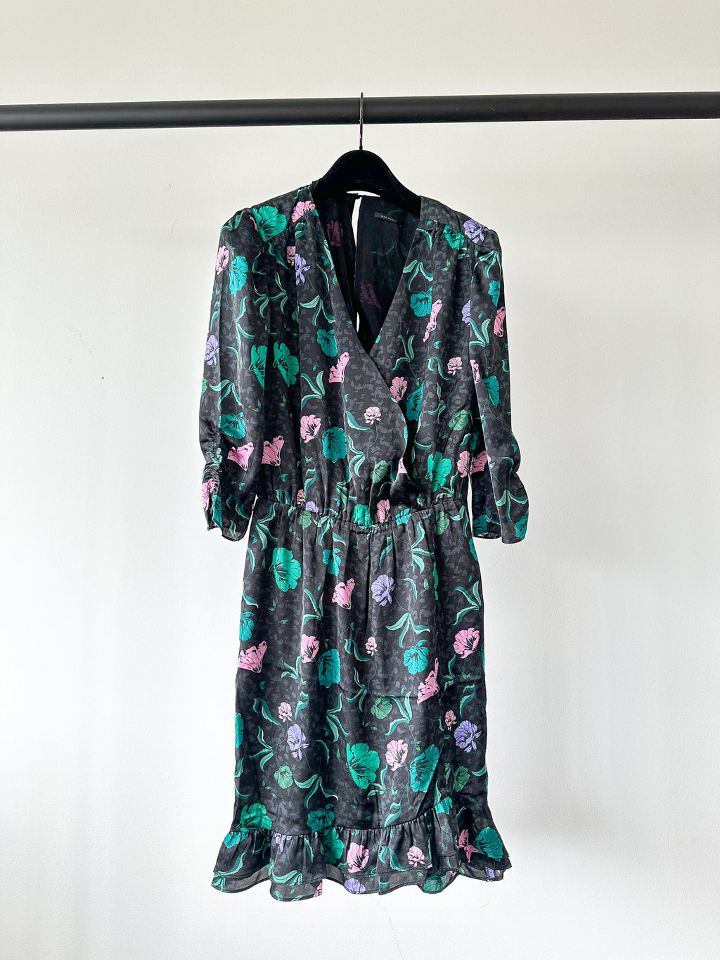 IKKS Floral Print Ruffle Detail Wrap Style Satin Dress - House Of Huntington