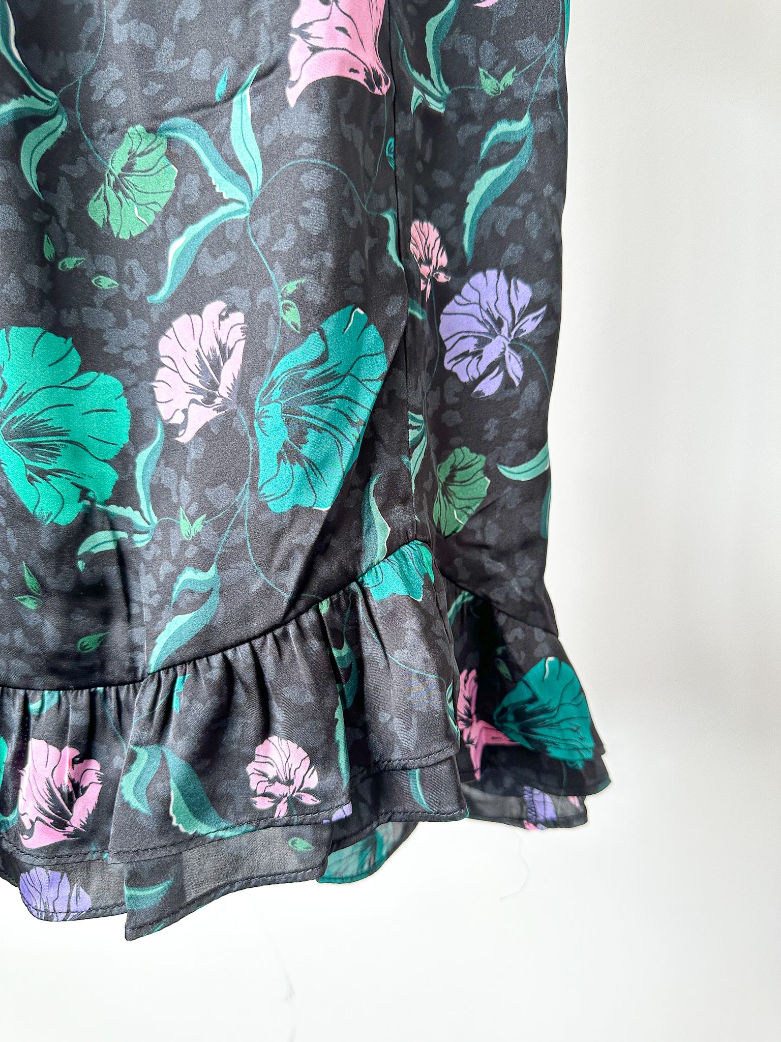 IKKS Floral Print Ruffle Detail Wrap Style Satin Dress - House Of Huntington