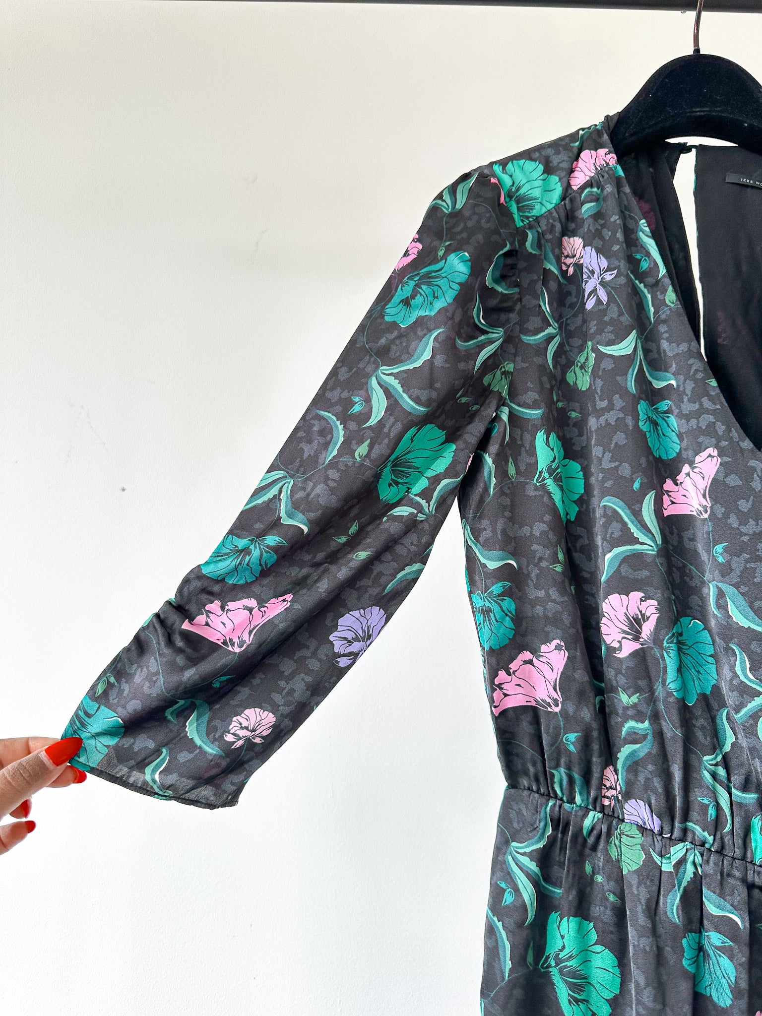 IKKS Floral Print Ruffle Detail Wrap Style Satin Dress - House Of Huntington