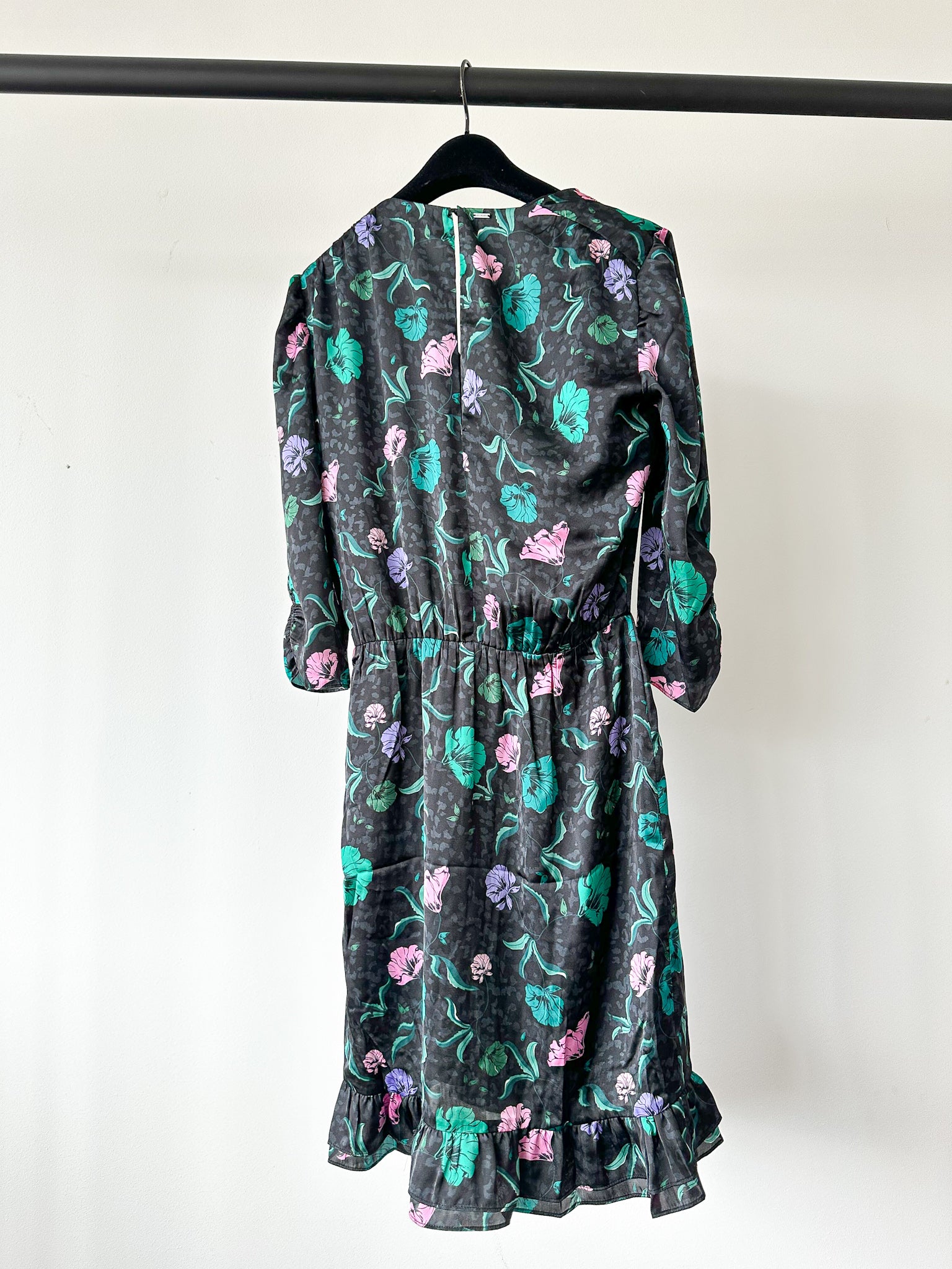 IKKS Floral Print Ruffle Detail Wrap Style Satin Dress - House Of Huntington