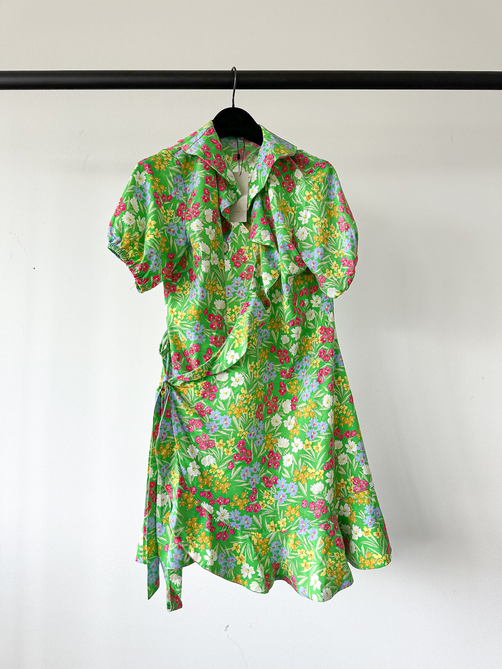 Never Fully Dressed Green Floral Wrap Style Forget Me Not Mini Dress - House Of Huntington