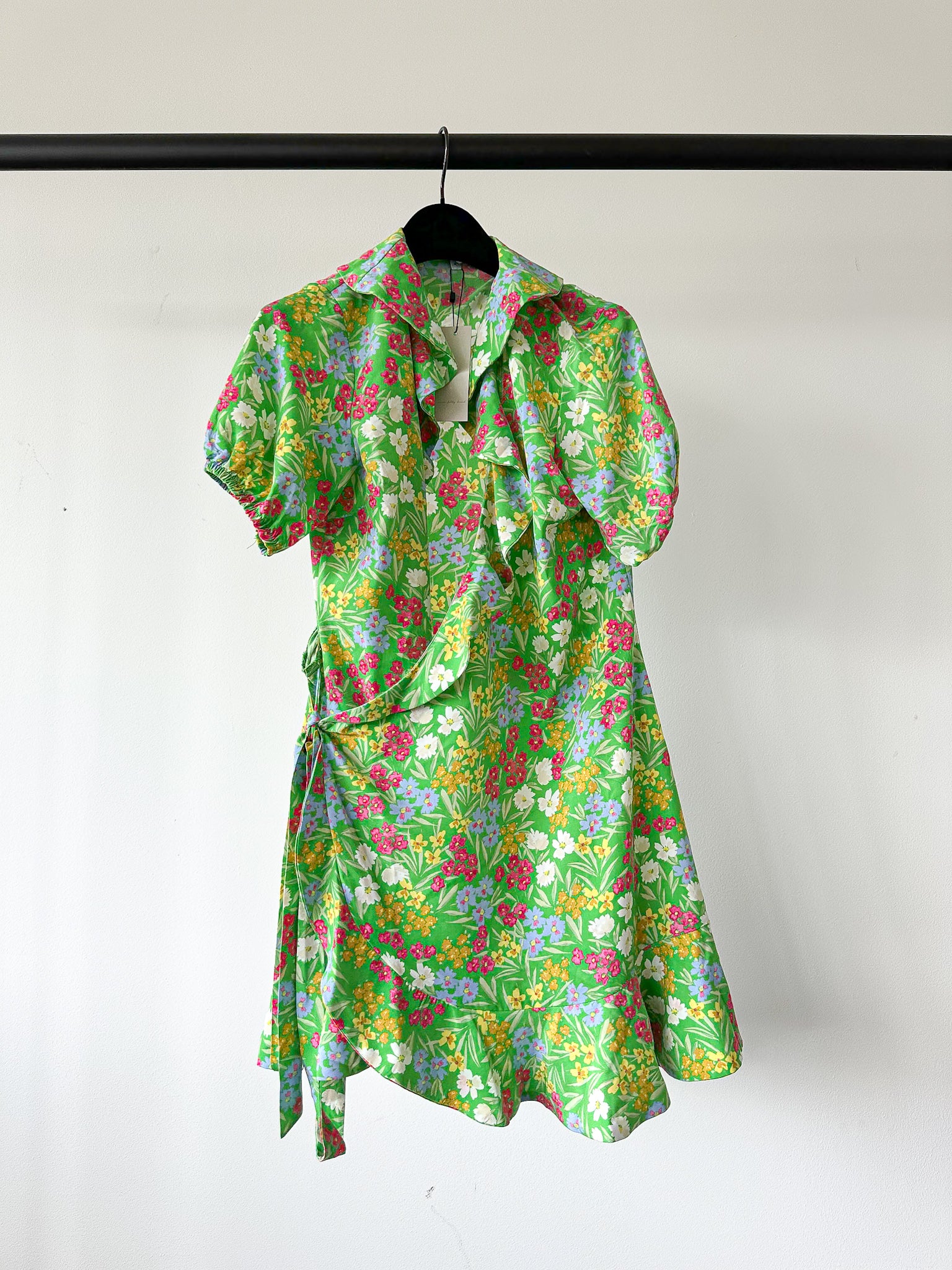 Never Fully Dressed Green Floral Wrap Style Forget Me Not Mini Dress - House Of Huntington