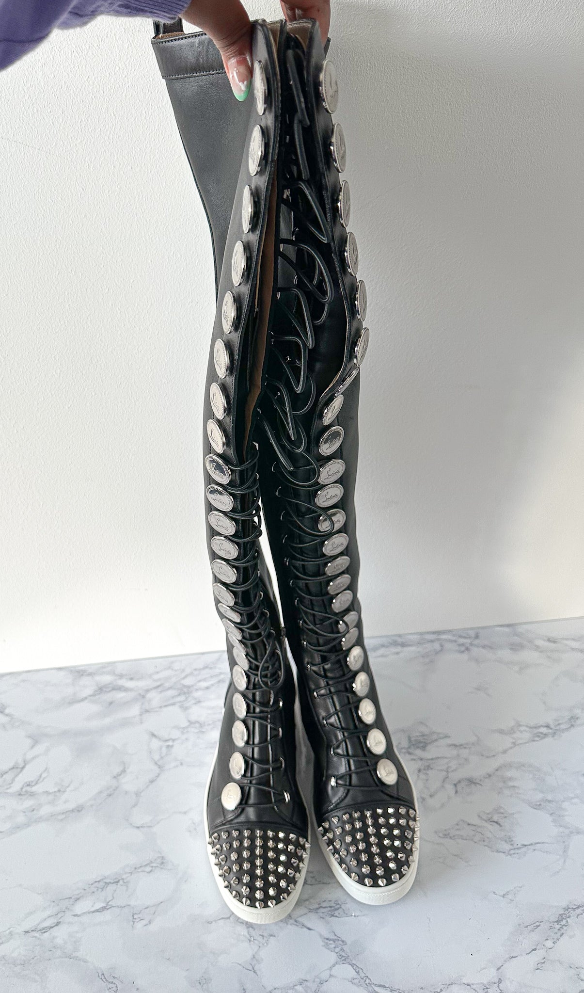 CHRISTIAN LOUBOUTIN BUCHETTA SPIKE TOE LACE UP BOOTS (EU 36)