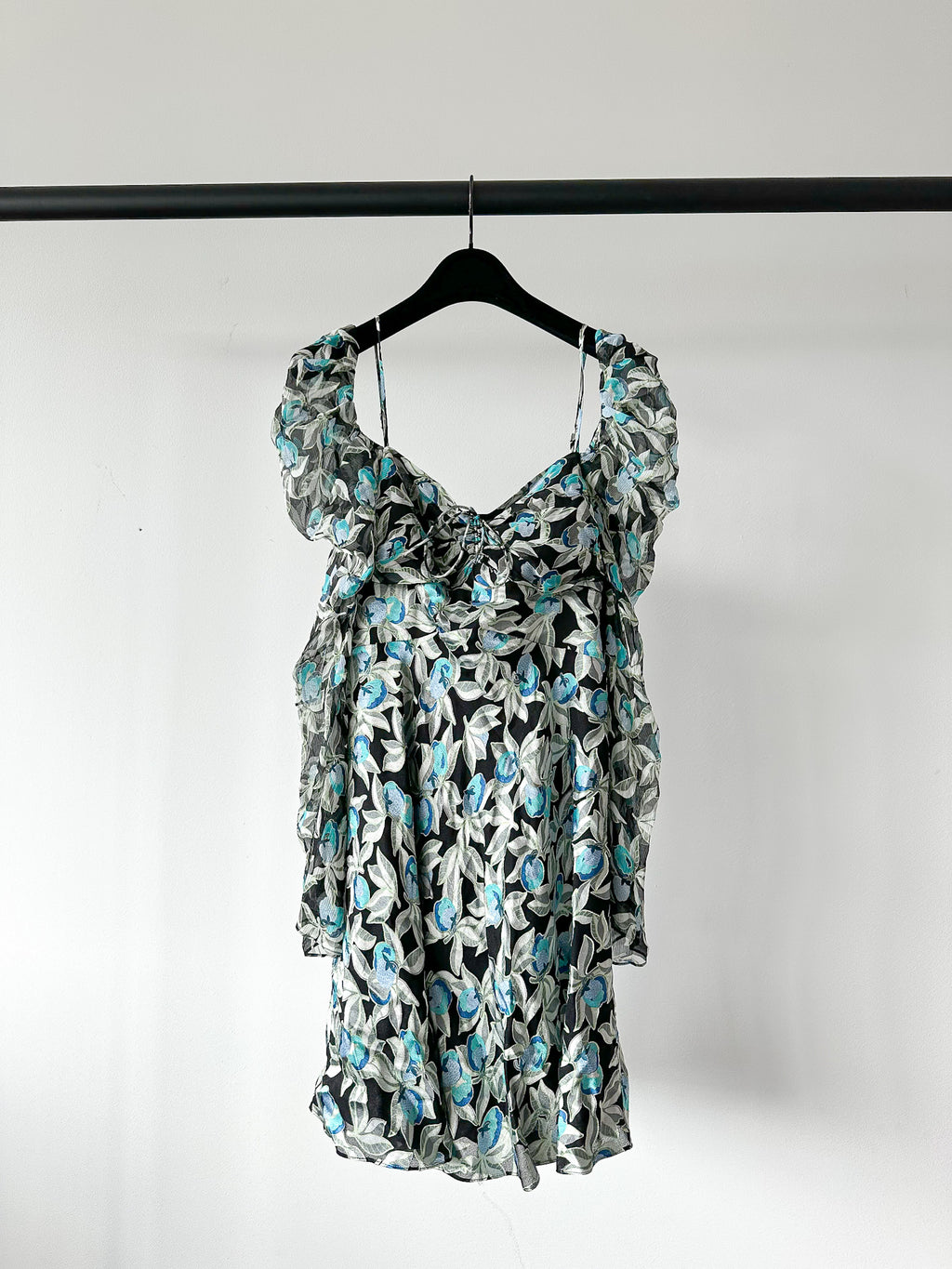 Diane Von Furstenberg DVF Josephina Devore Blue Floral Off Shoulder Prairie Mini Dress - House Of Huntington