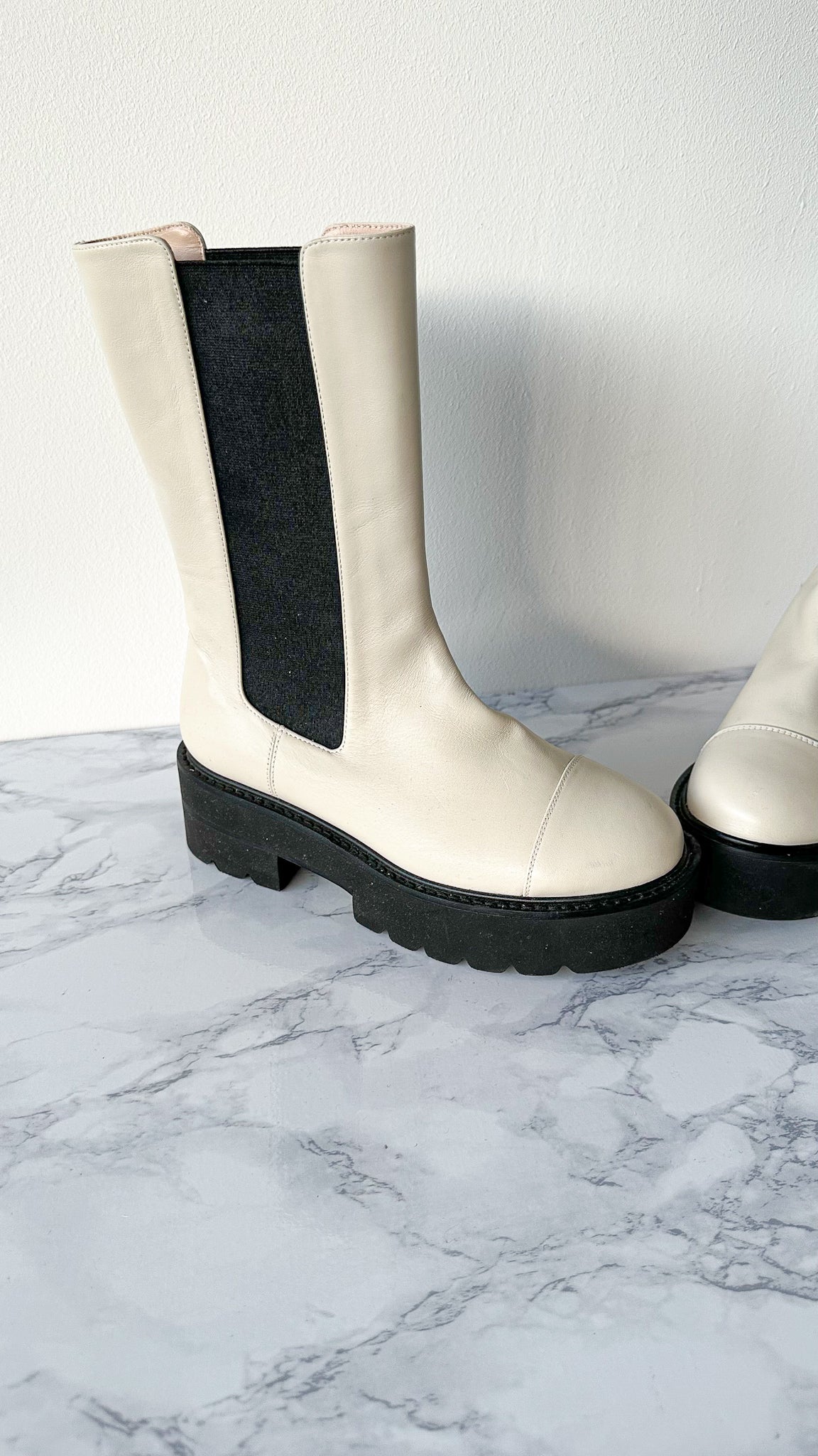 Stuart Weitzman Presley Chunky Chelsea Oat White Utility Boots