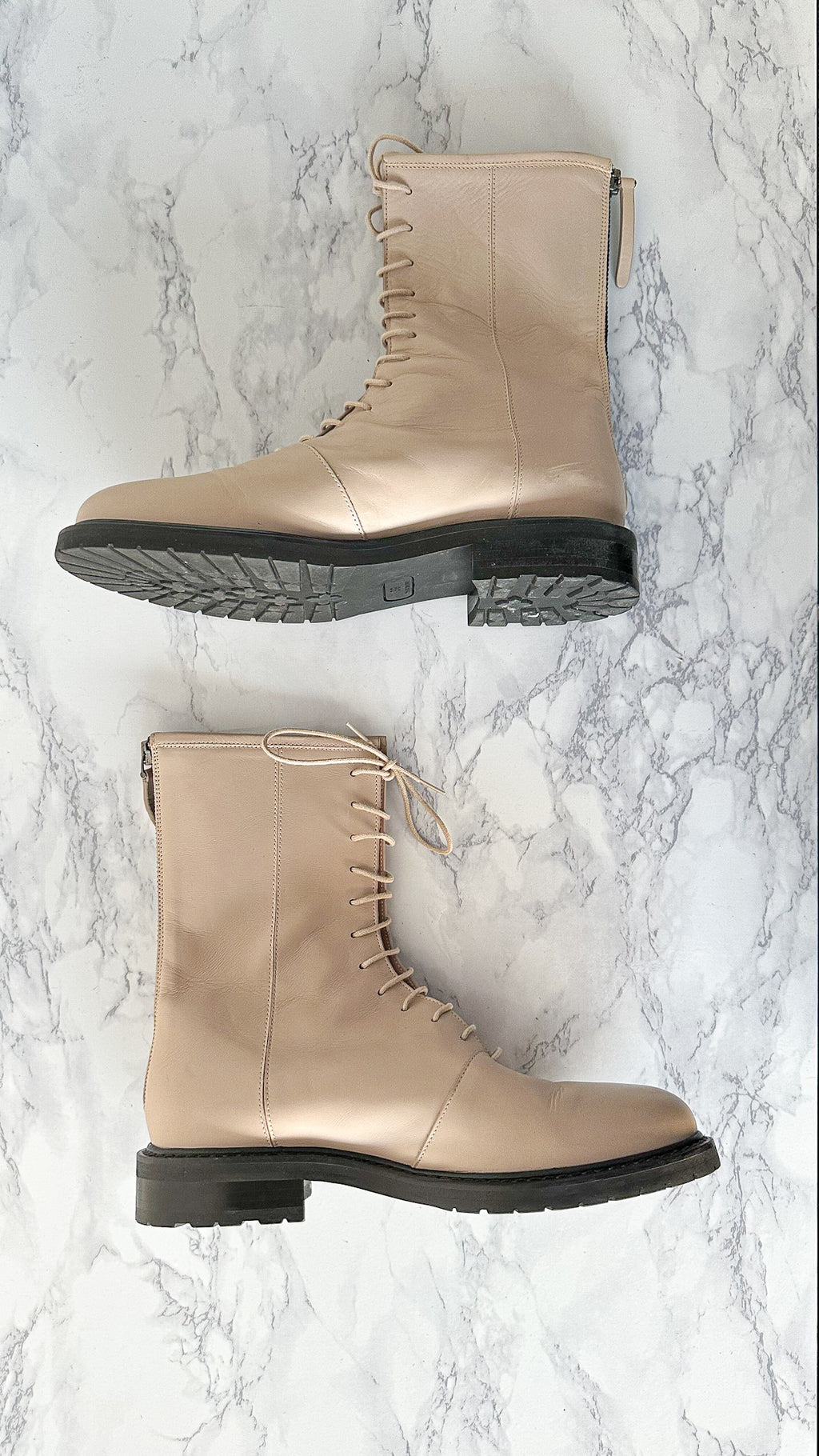 LEGRES Beige Leather Lace-Up Combat Boots