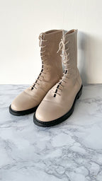 LEGRES Beige Leather Lace-Up Combat Boots