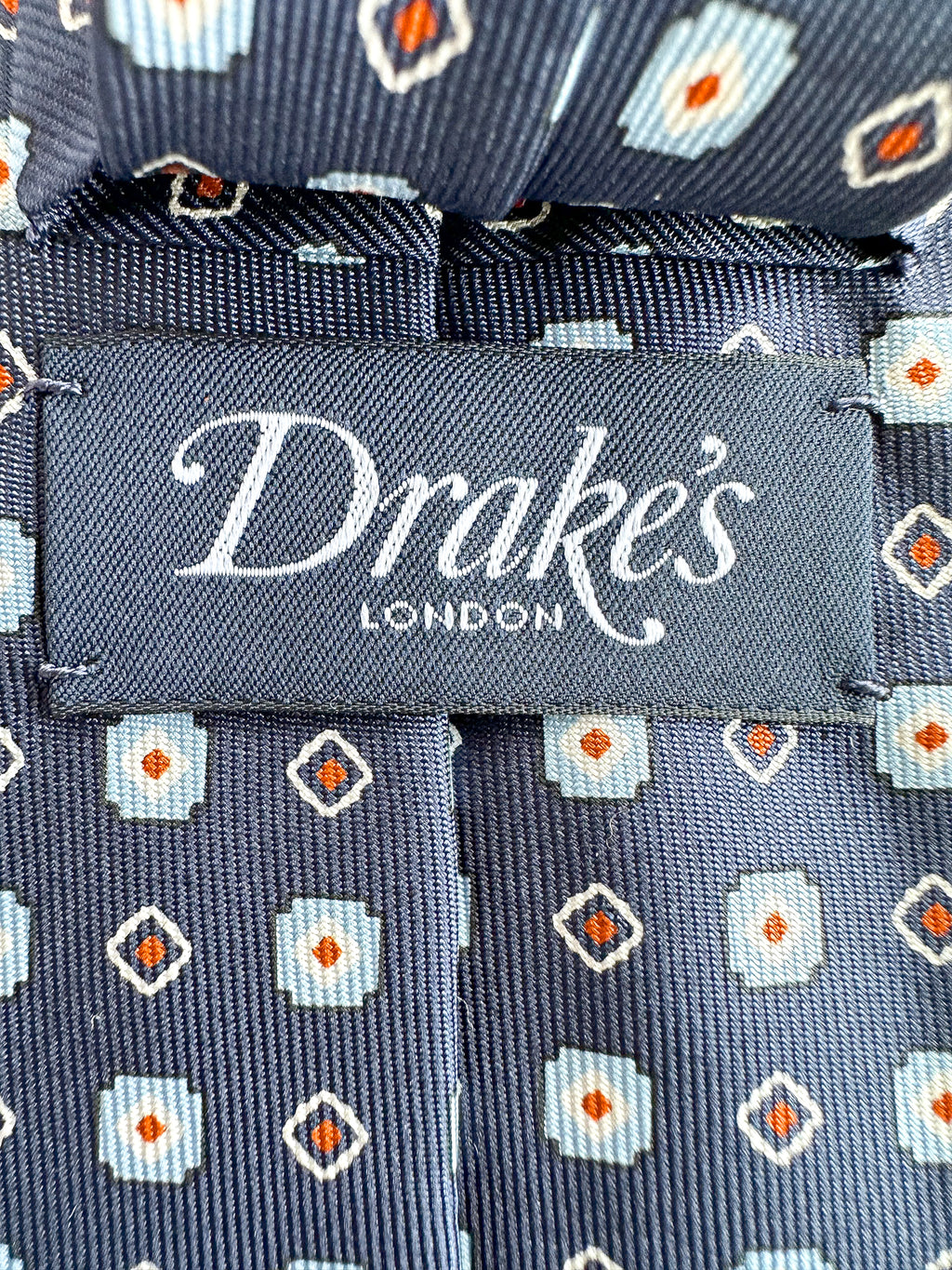 Drake's Navy Aztec Square Print Silk Tie