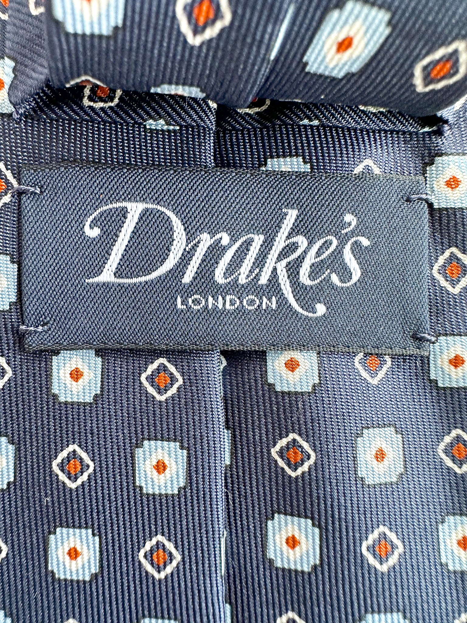 Drake's Navy Aztec Square Print Silk Tie