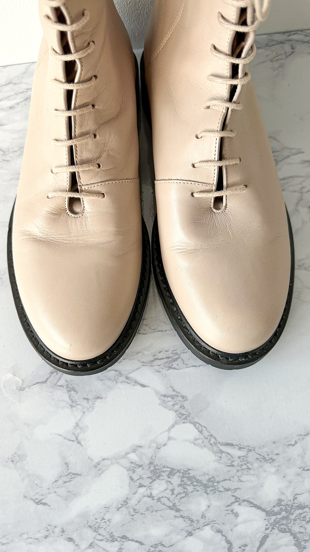 LEGRES Beige Leather Lace-Up Combat Boots