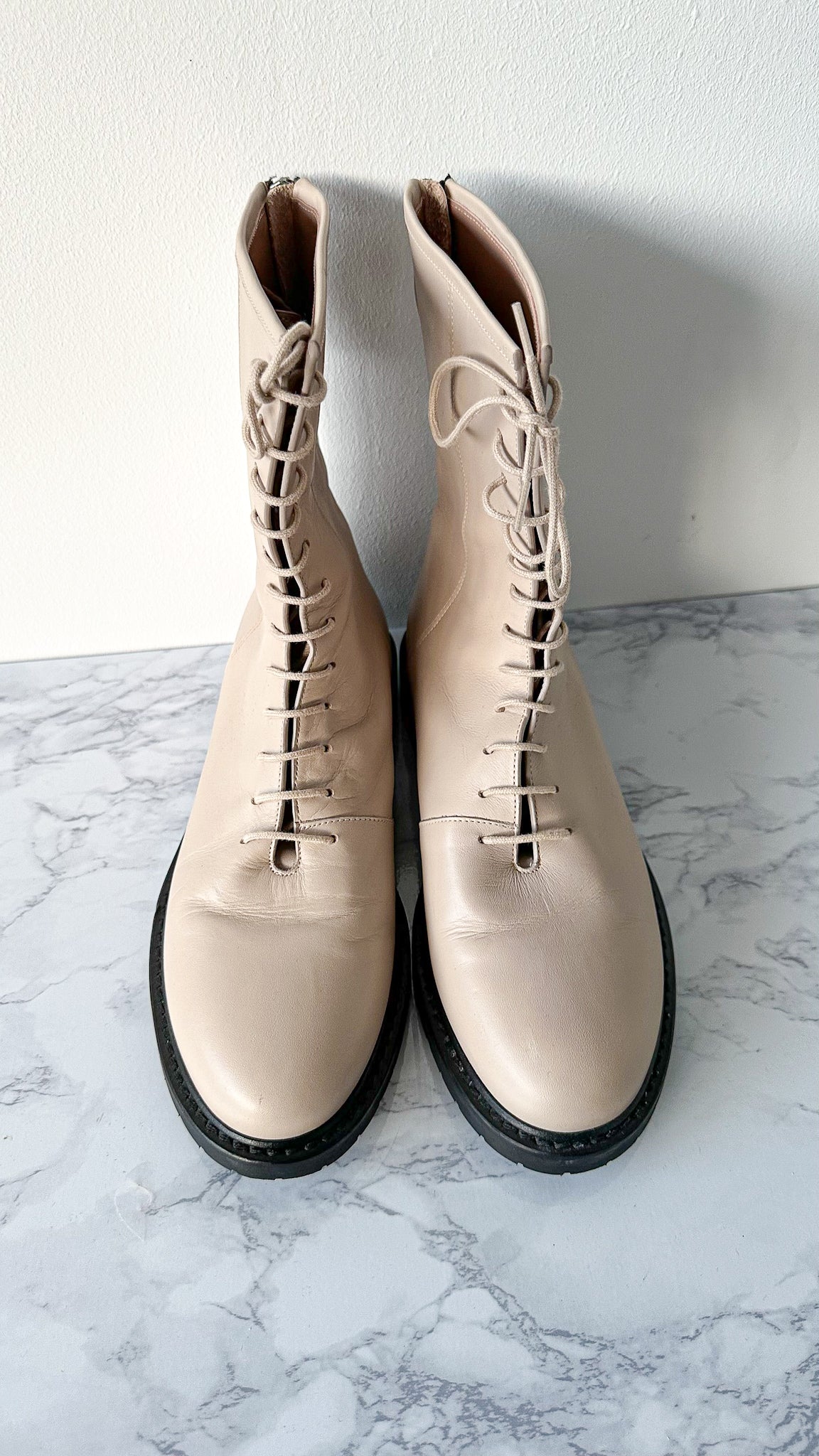 LEGRES Beige Leather Lace-Up Combat Boots