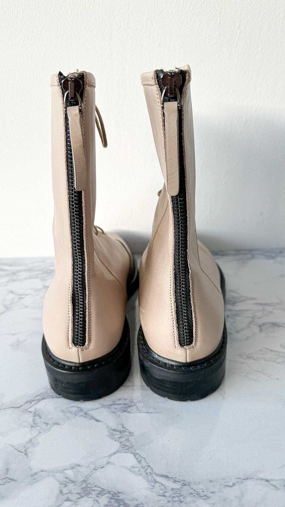 LEGRES Beige Leather Lace-Up Combat Boots