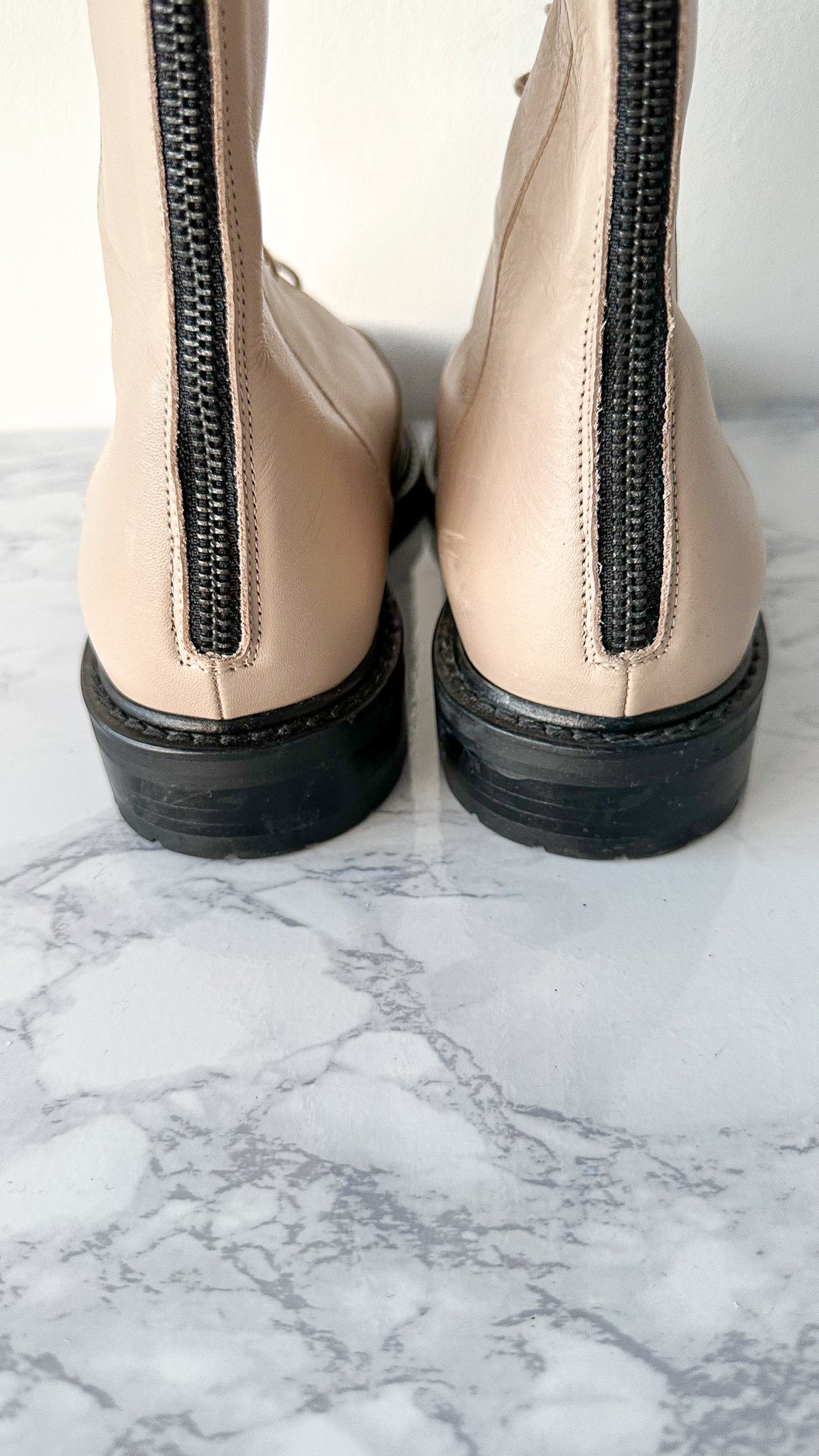 LEGRES Beige Leather Lace-Up Combat Boots