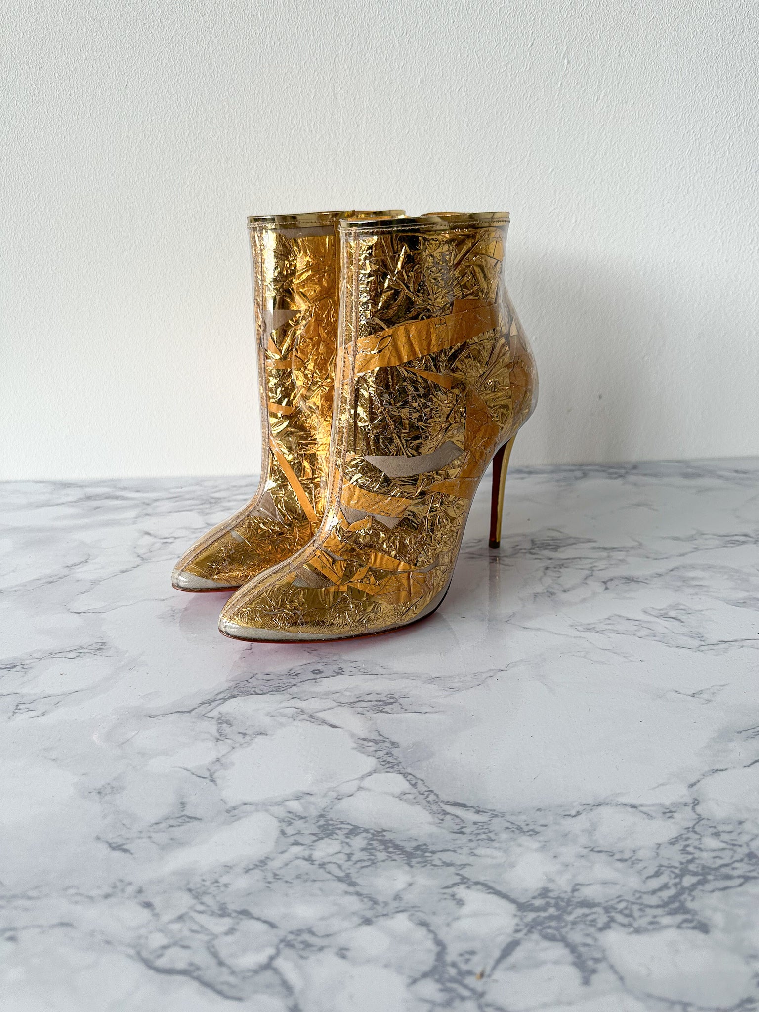 Christian Louboutin Booty Cap 100 Creased-Foil Perspex Ankle Boots (EU 35)