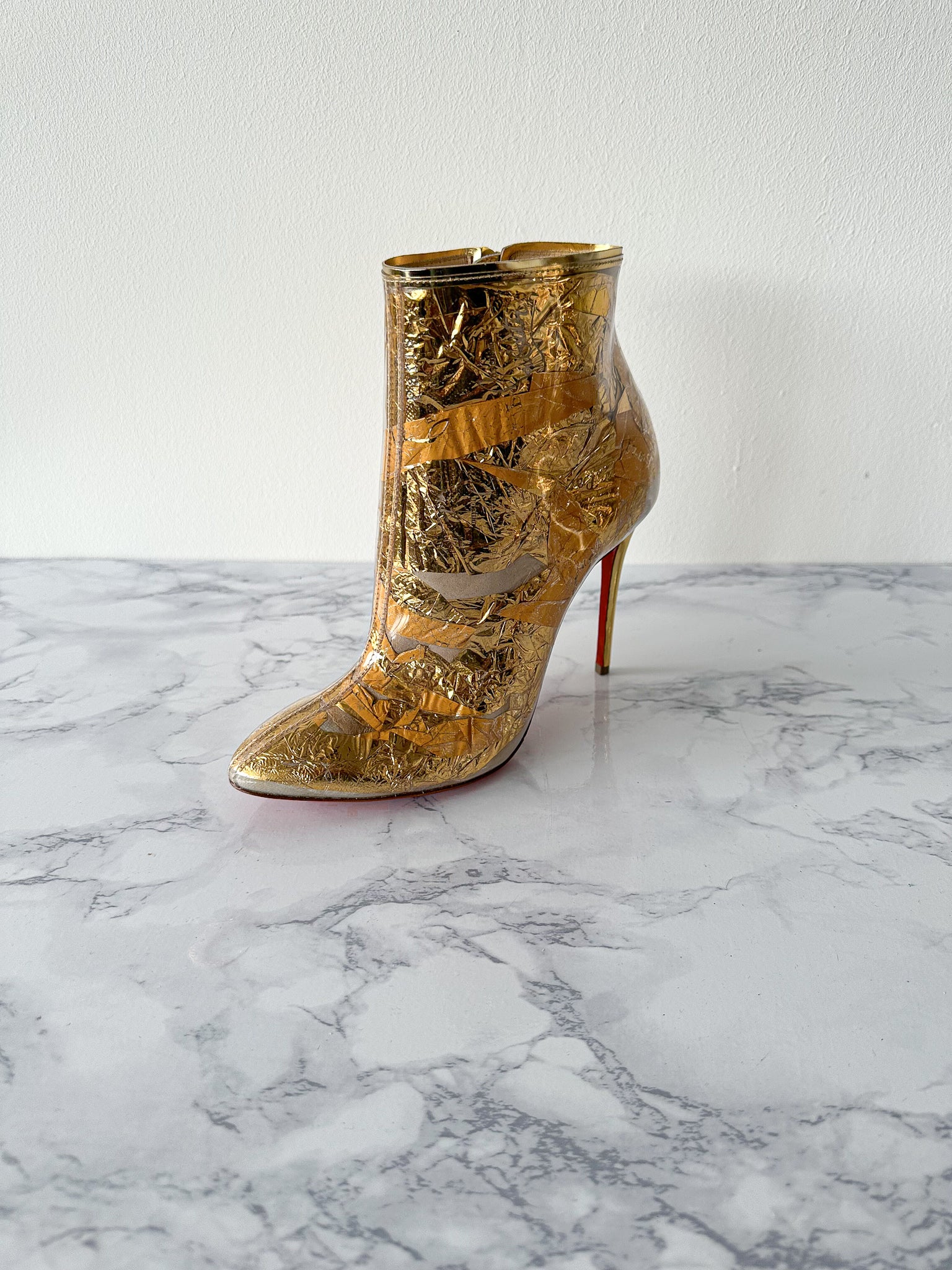 Christian Louboutin Booty Cap 100 Creased-Foil Perspex Ankle Boots (EU 35)