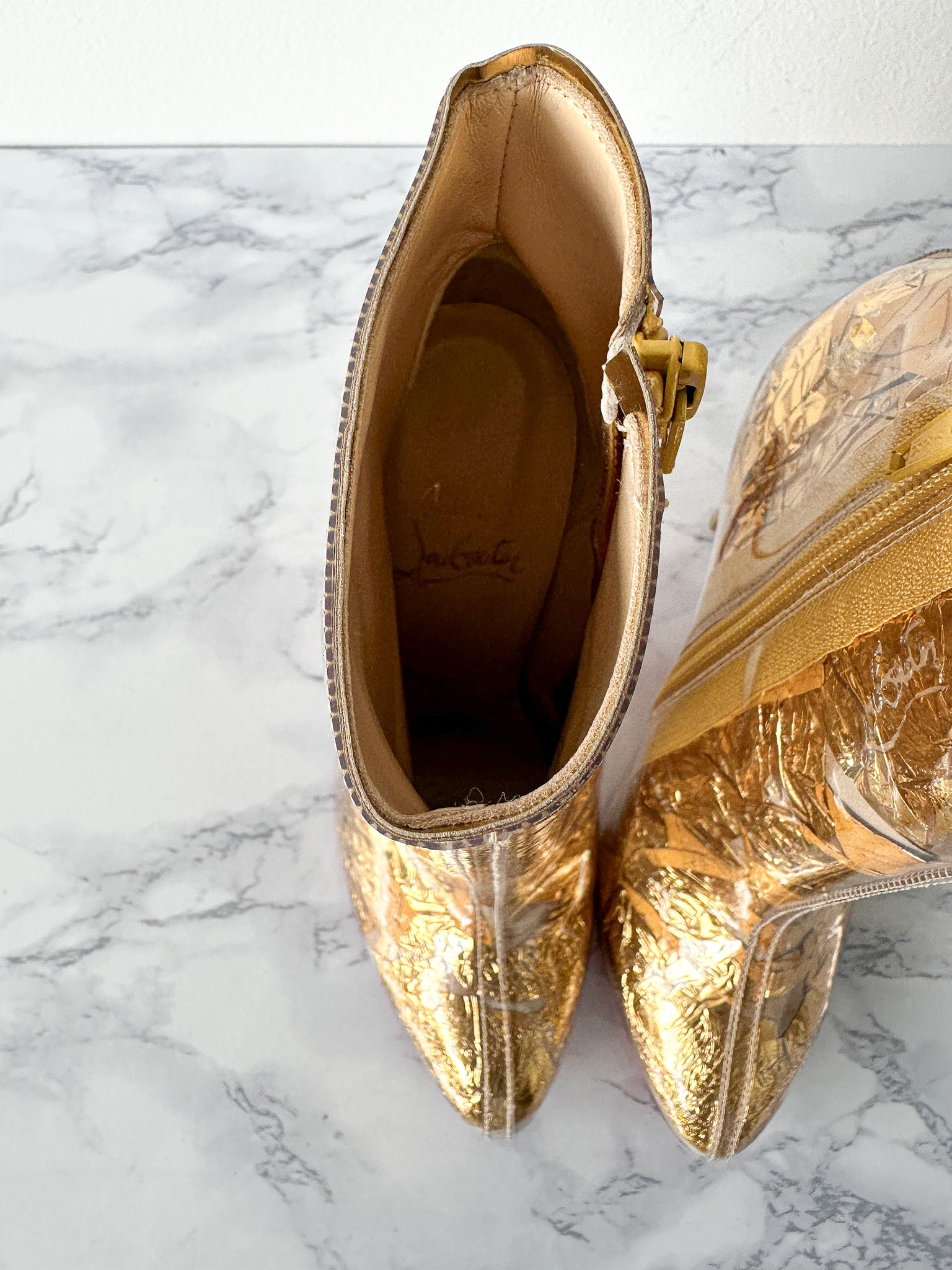 Christian Louboutin Booty Cap 100 Creased-Foil Perspex Ankle Boots (EU 35)