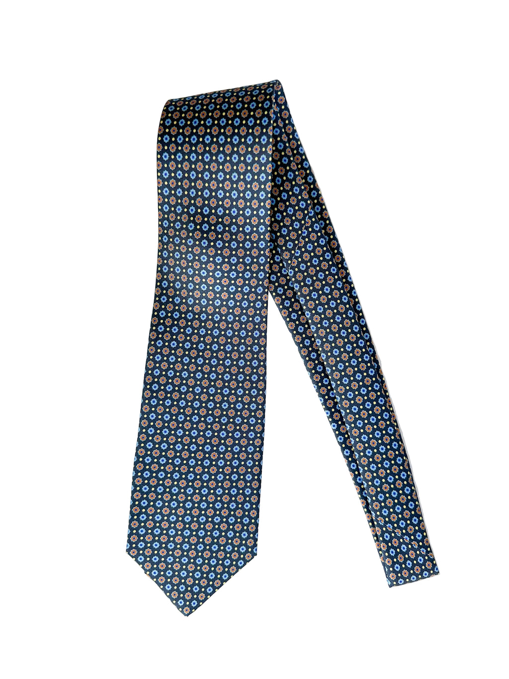 Drake's Navy Floral Silk Tie With Dark Orange Blue Floral