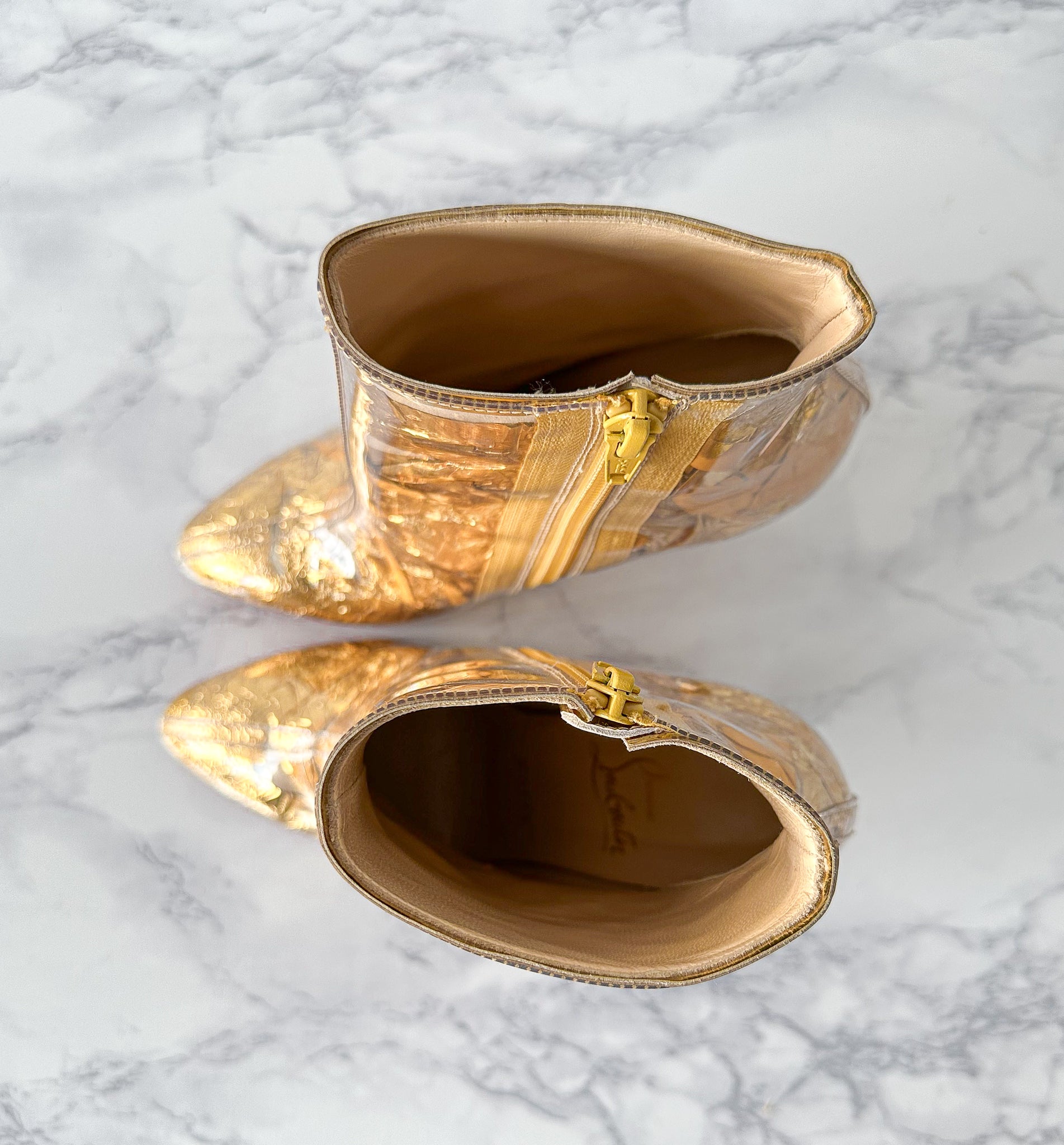 Christian Louboutin Booty Cap 100 Creased-Foil Perspex Ankle Boots (EU 35)