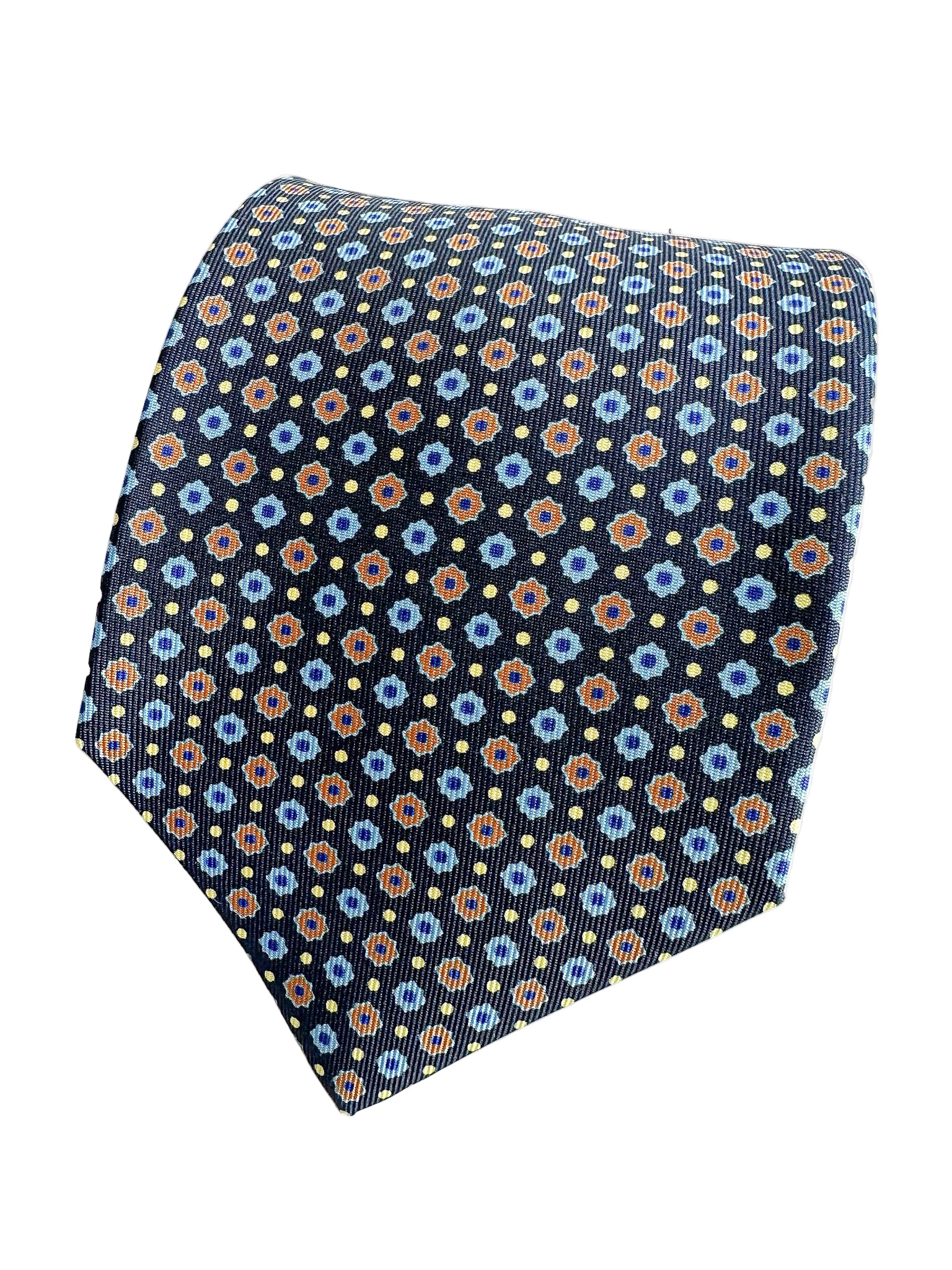 Drake's Navy Floral Silk Tie With Dark Orange Blue Floral