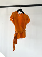 Diane Von Furstenberg DVF Orange Crepe De Chine Silk Wrap Blouse Top - House Of Huntington