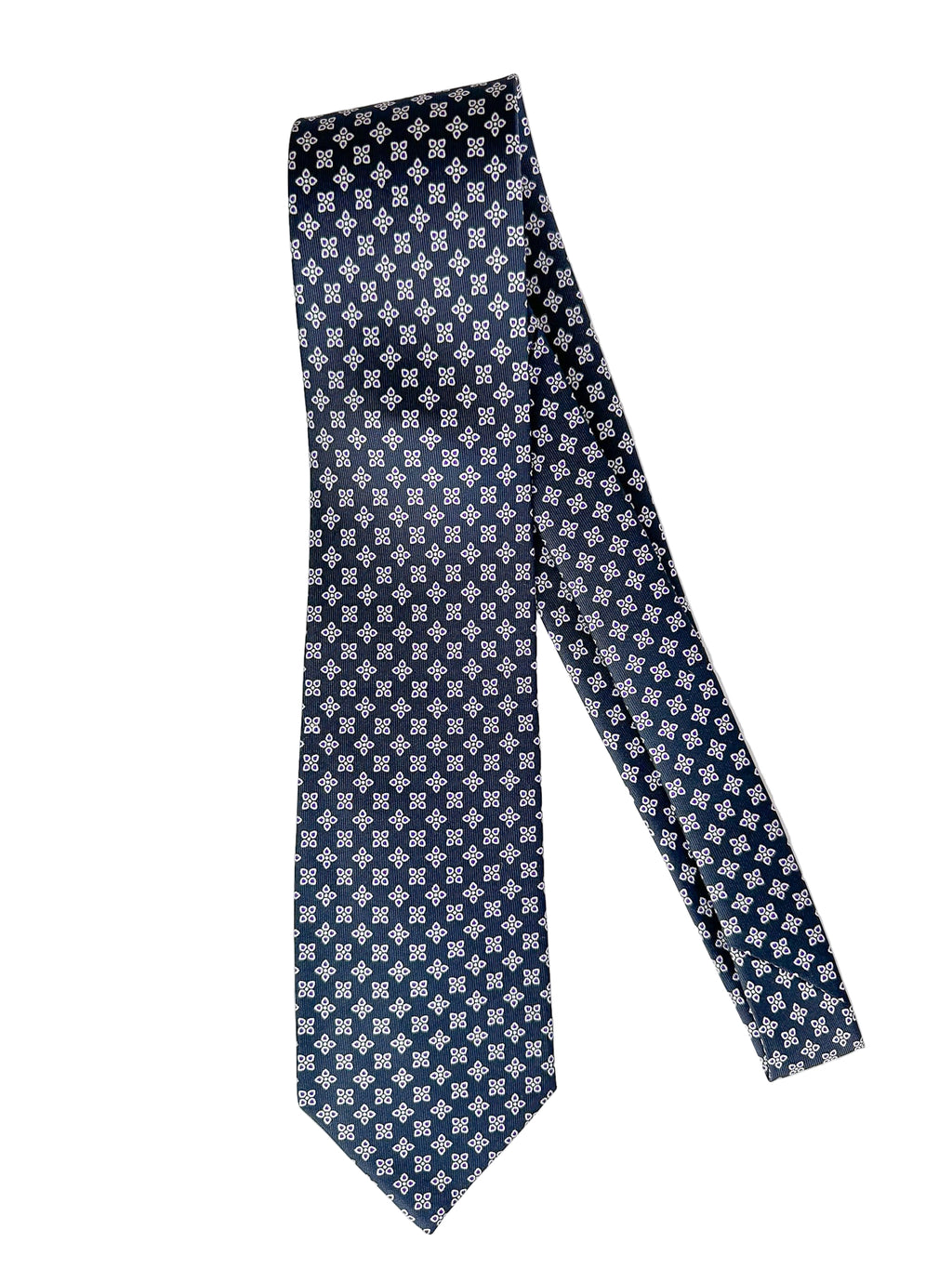 Drake's Navy Blue Silk Tie With Purple Floral Leafs