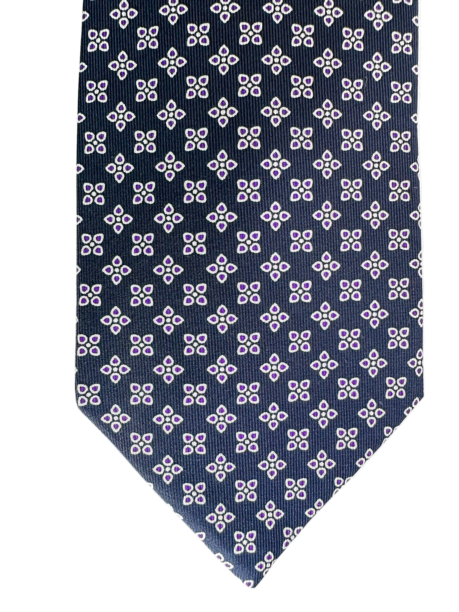 Drake's Navy Blue Silk Tie With Purple Floral Leafs