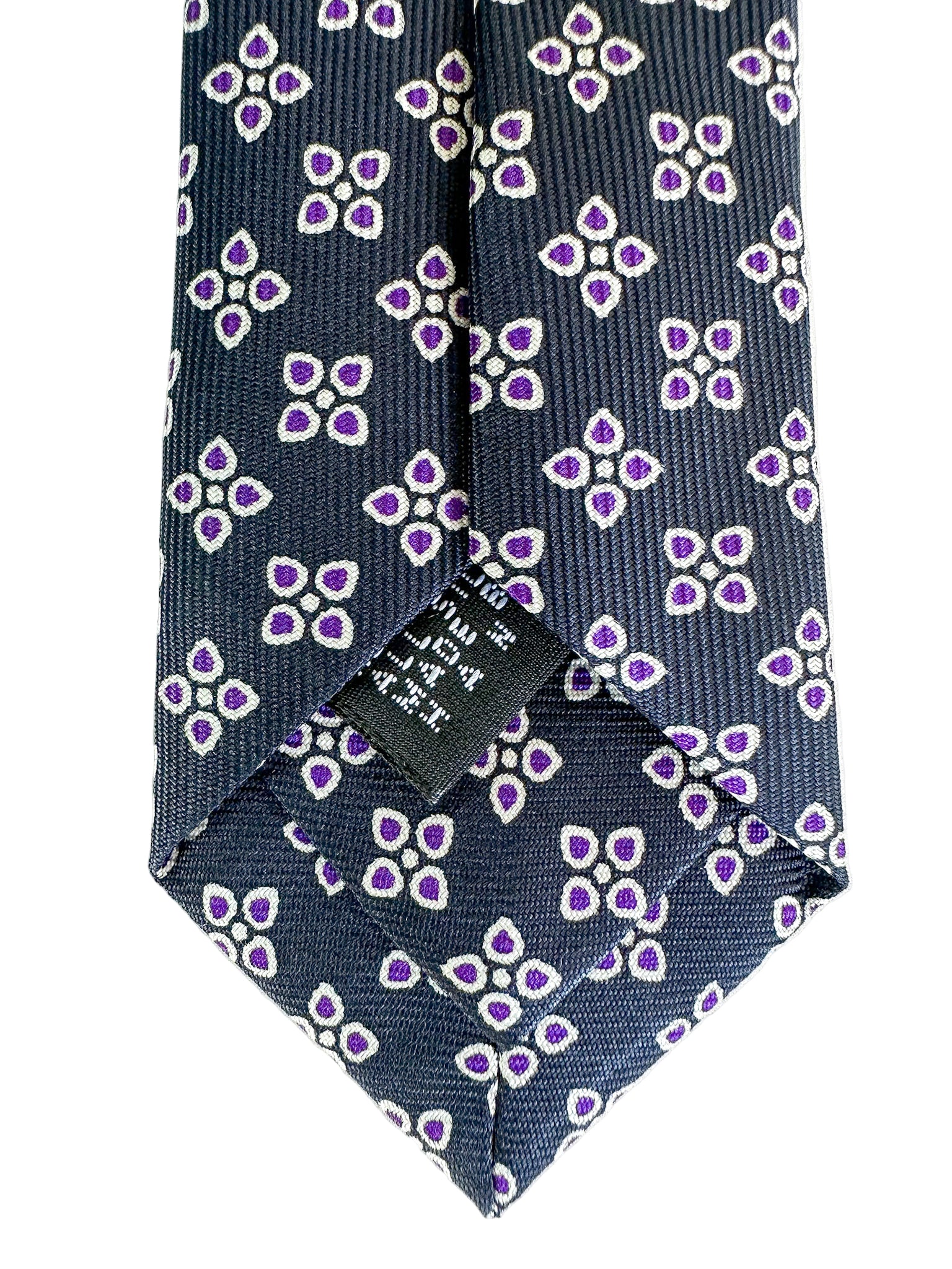 Drake's Marineblaue Seidenkrawatte mit lila Blumenblättern