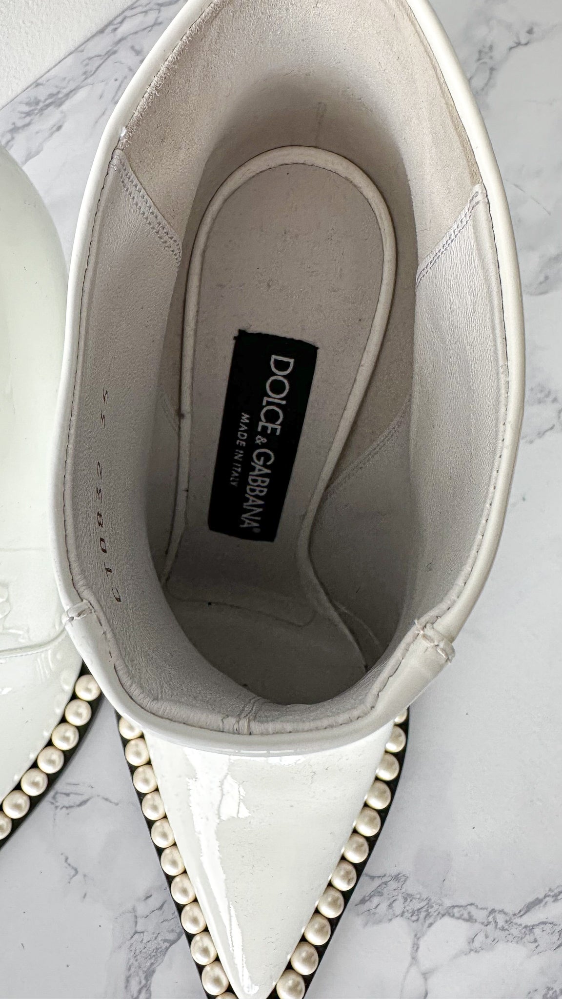 DOLCE & GABBANA White Pearl Embellished Pointed High Heel Booties (EU 35)