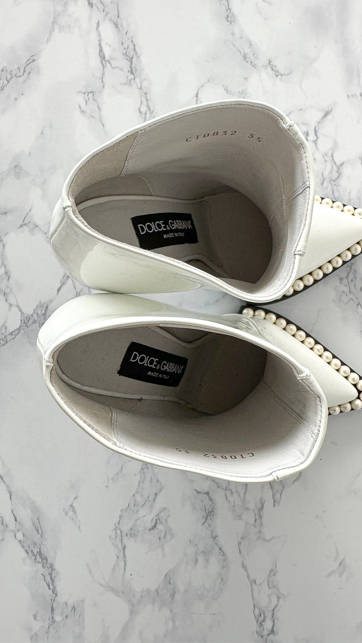 DOLCE & GABBANA White Pearl Embellished Pointed High Heel Booties (EU 35)