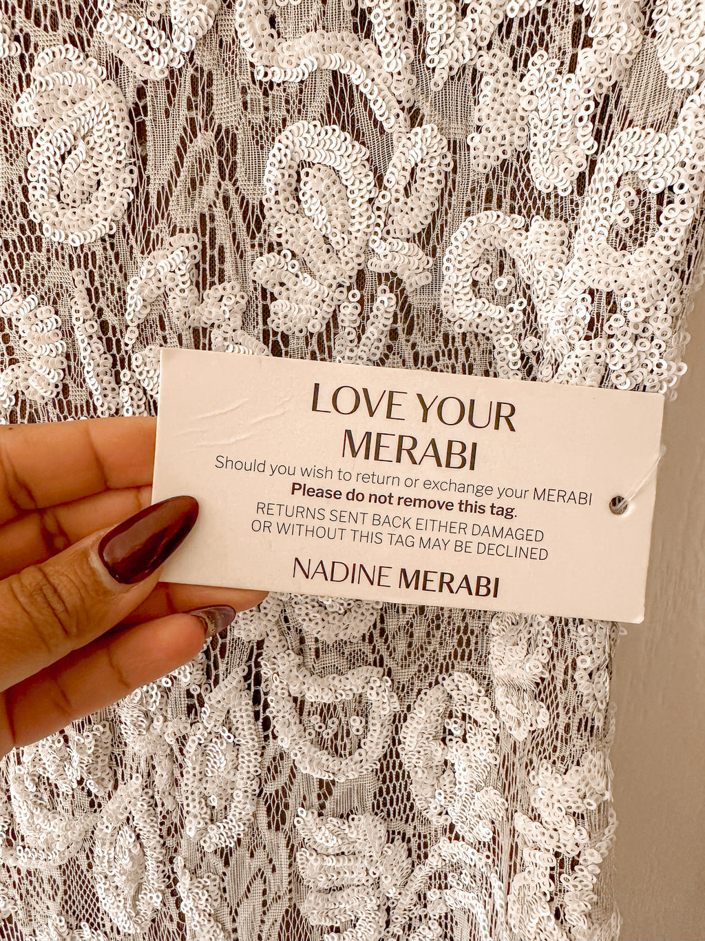 NADINE MERABI White Lace Sequinned Jumpsuit lengan panjang