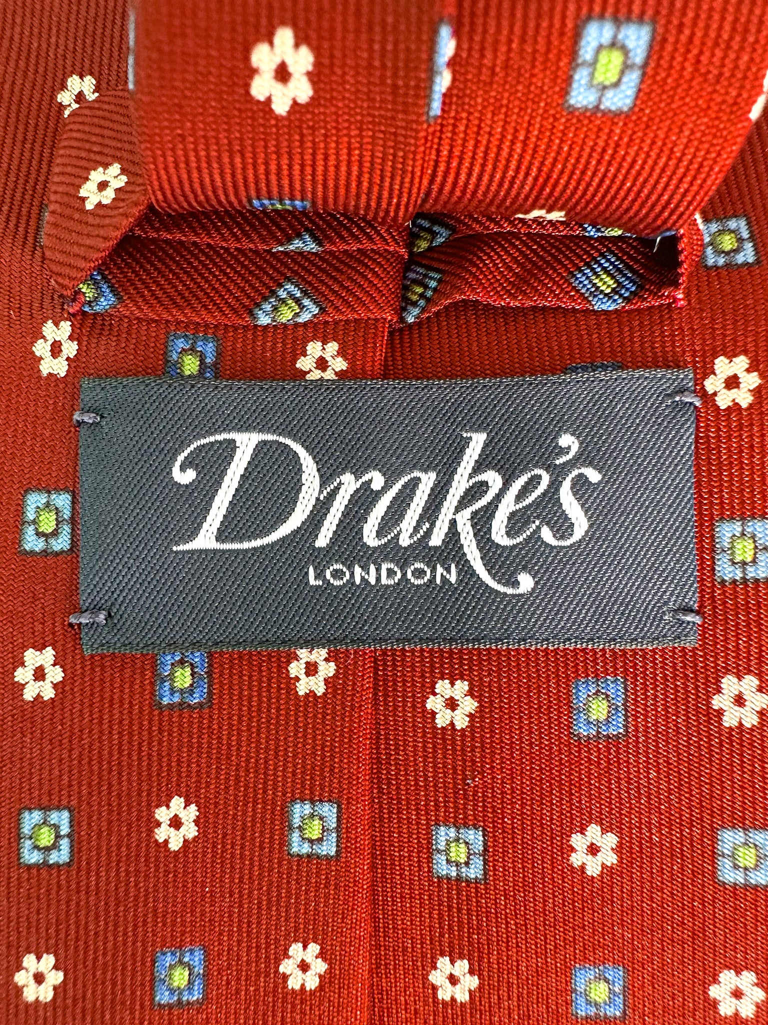 Drake's Dark Red Floral & Diamond Print Tie