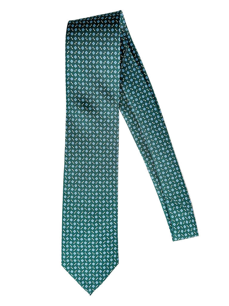 Drake's Dark Green Silk Tie With Blue Dot Floral