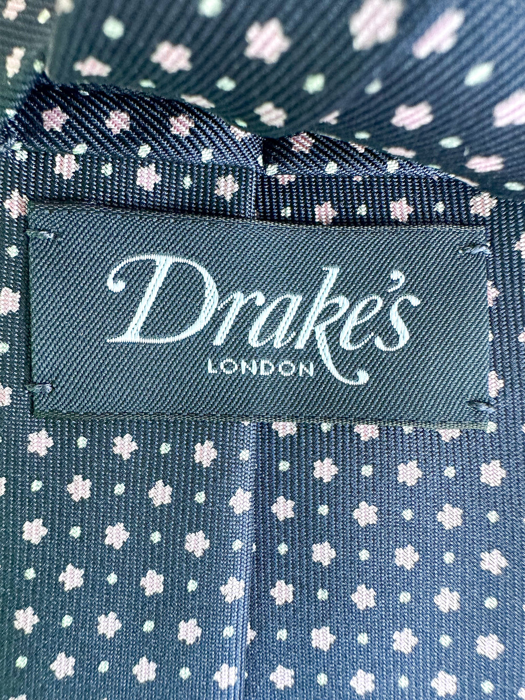Drake's Navy Silk Tie With Pink Dot Floral