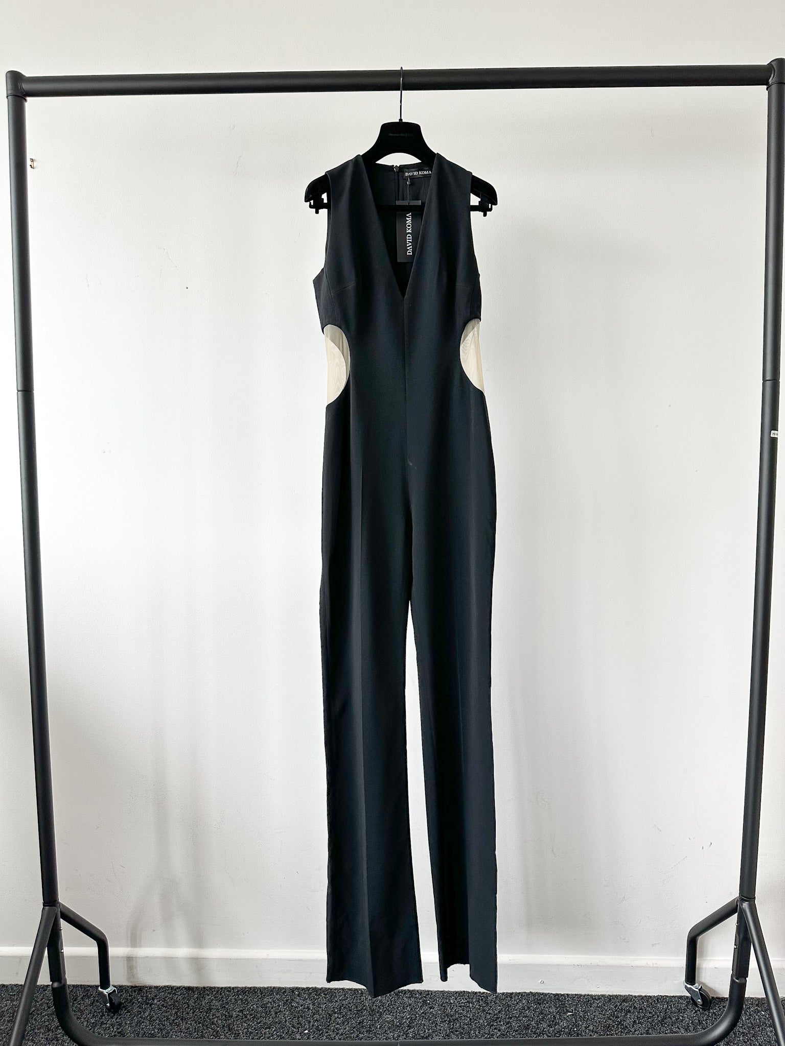 David Koma Black Cut-Out Mesh Sides V-Neck Jumpsuit - House Of Huntington