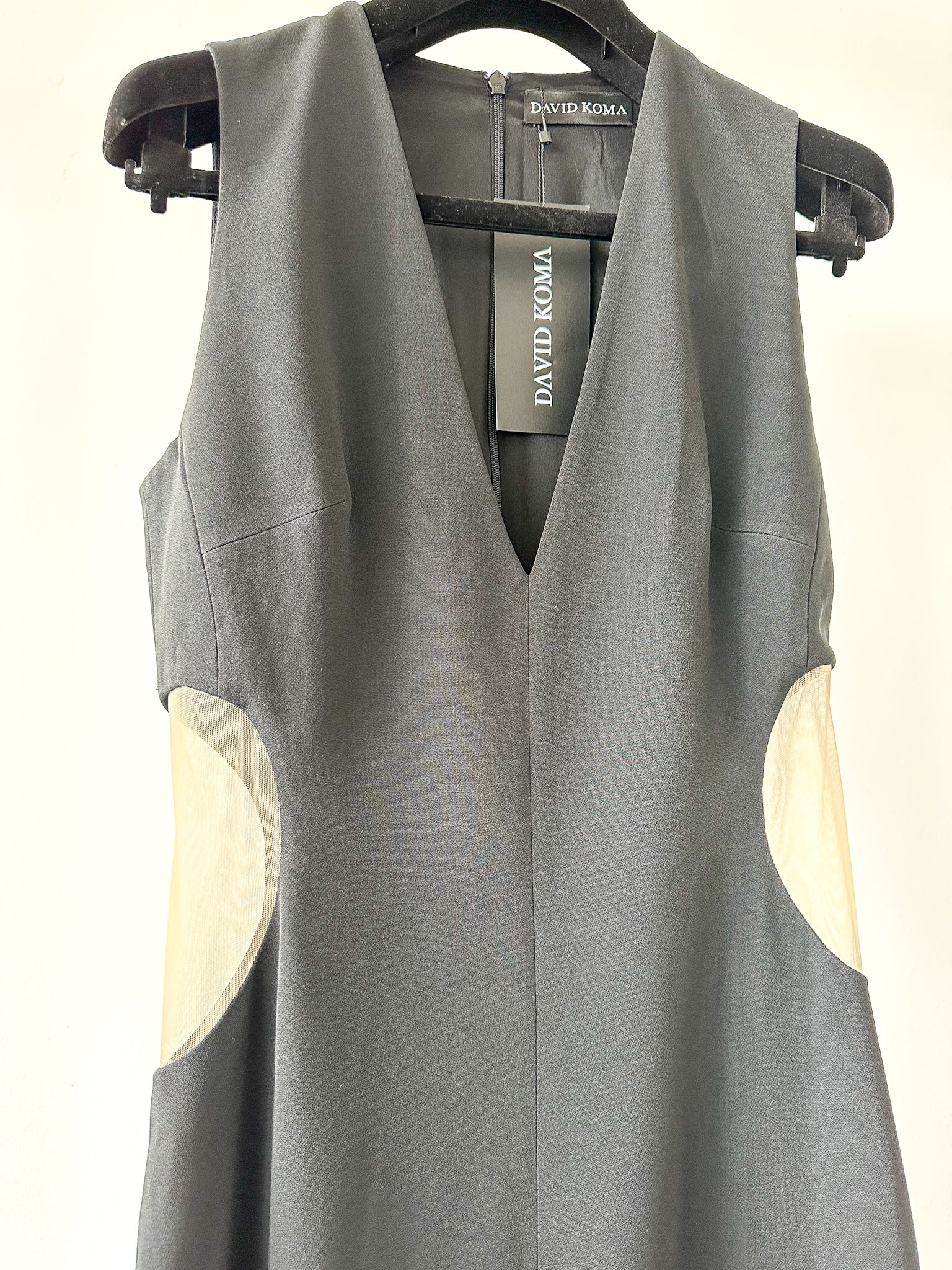 David Koma Black Cut-Out Mesh Sides V-Neck Jumpsuit - House Of Huntington