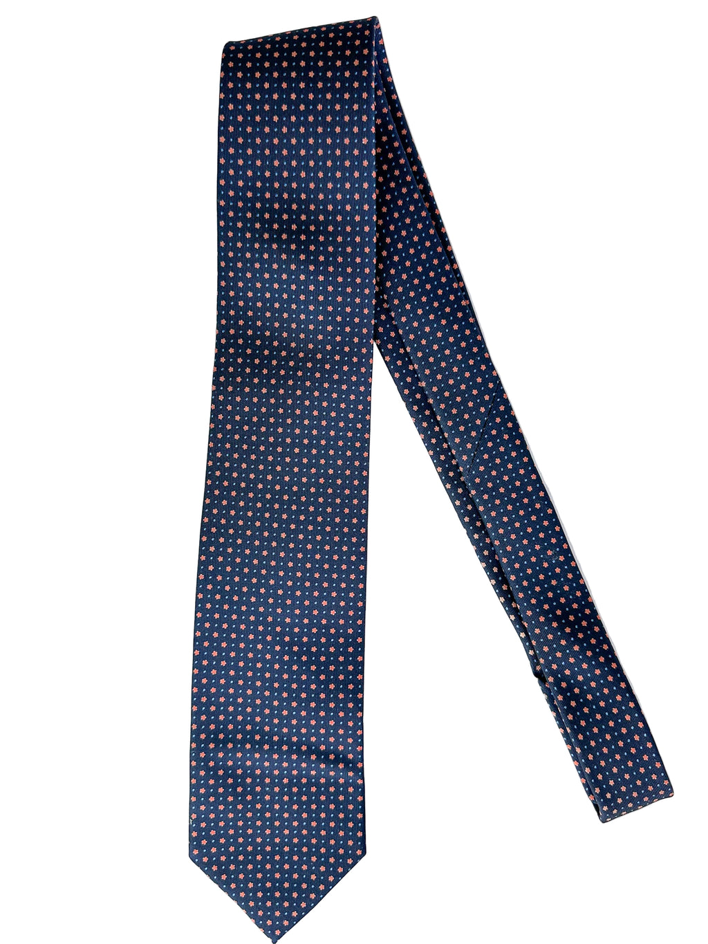 Drake's Navy Silk Tie With Orange Dot Floral