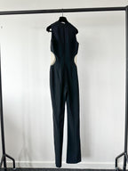David Koma Black Cut-Out Mesh Sides V-Neck Jumpsuit - House Of Huntington