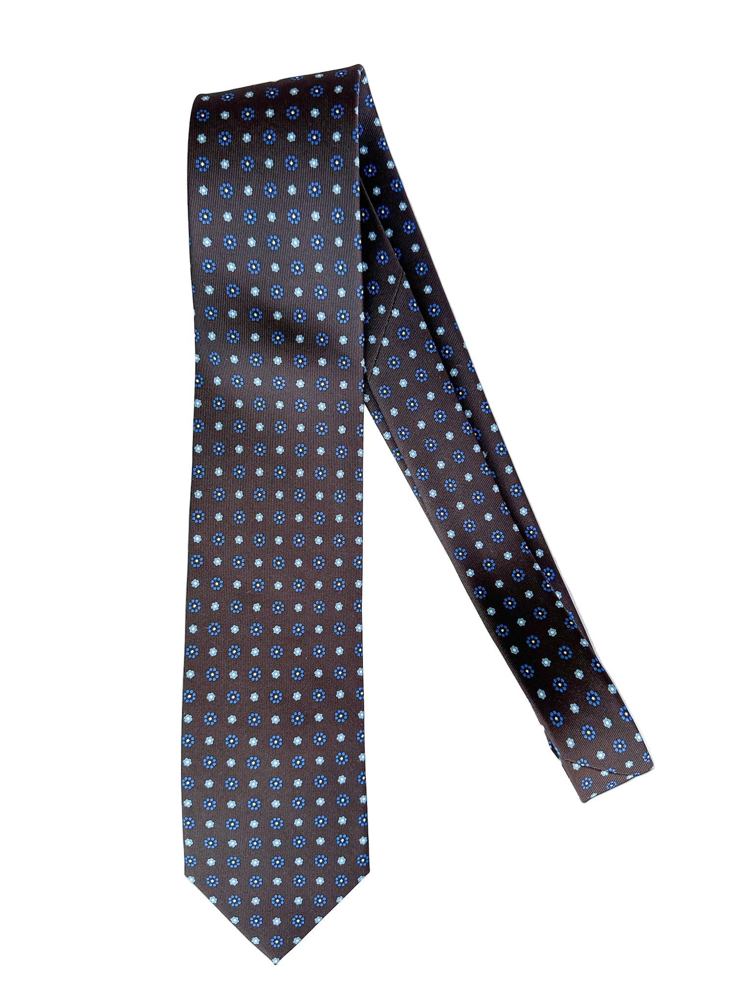 Drake's Dark Brown Silk Tie With Blue Daisy Print