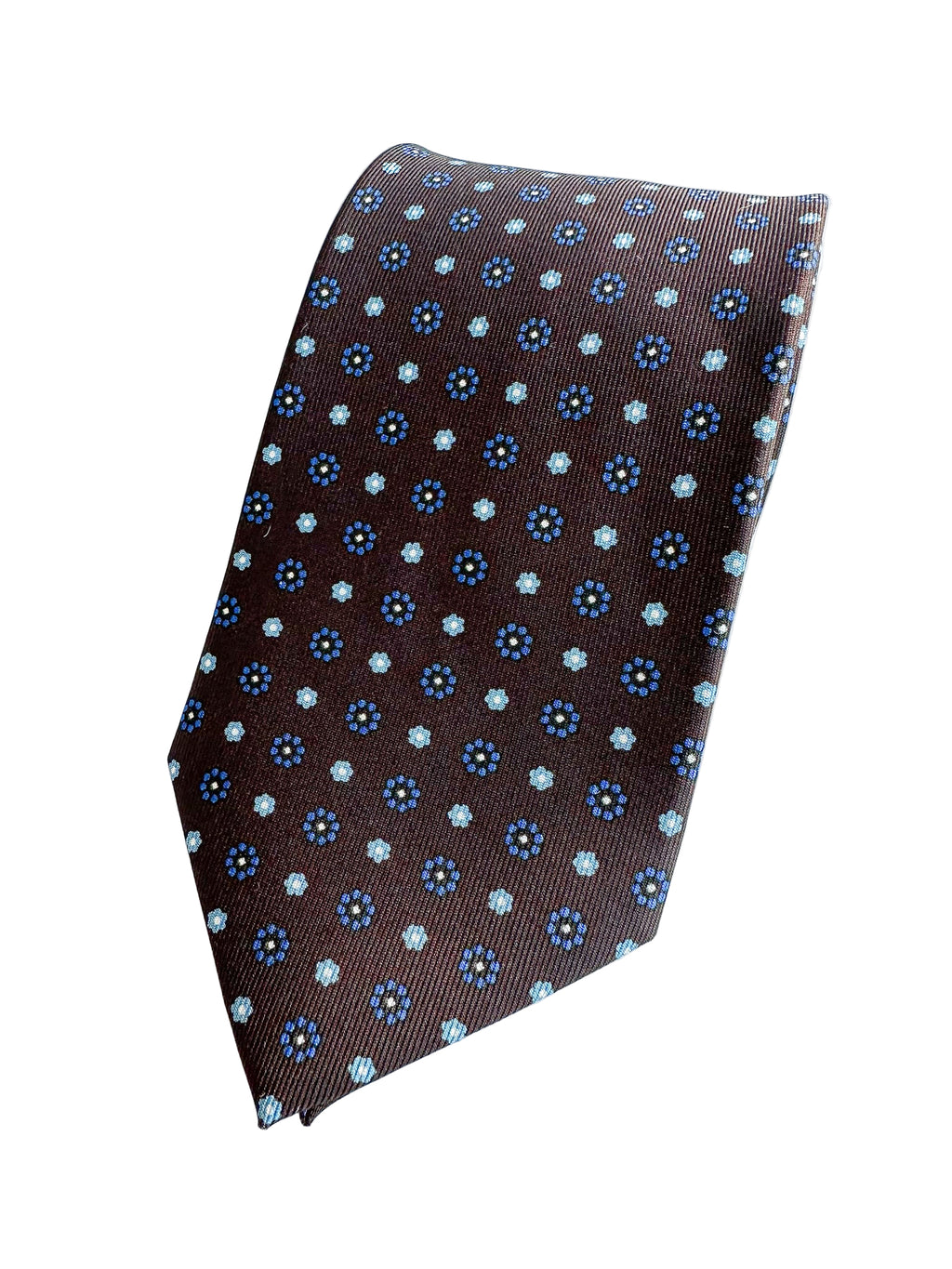 Drake's Dark Brown Silk Tie With Blue Daisy Print