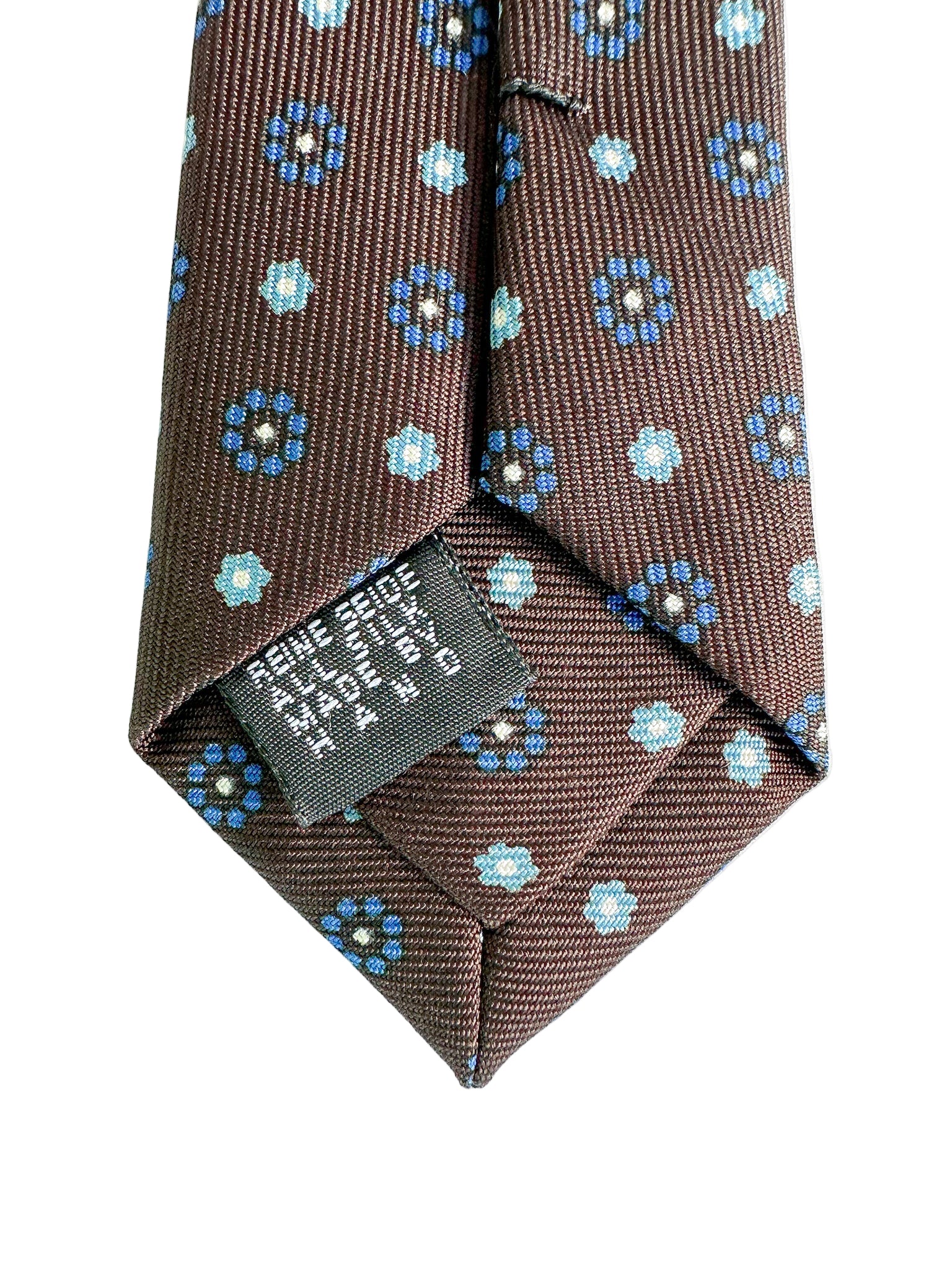 Drake's Dark Brown Silk Tie With Blue Daisy Print