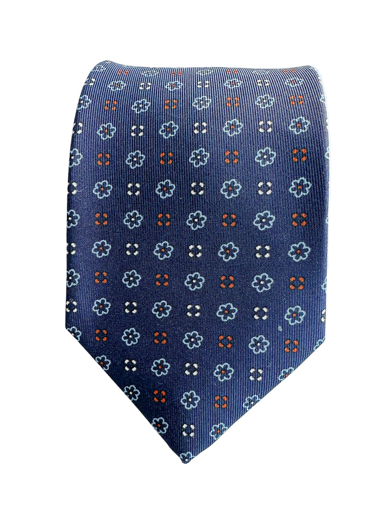 Drake's Navy Silk Tie With Blue Stencil Floral Design